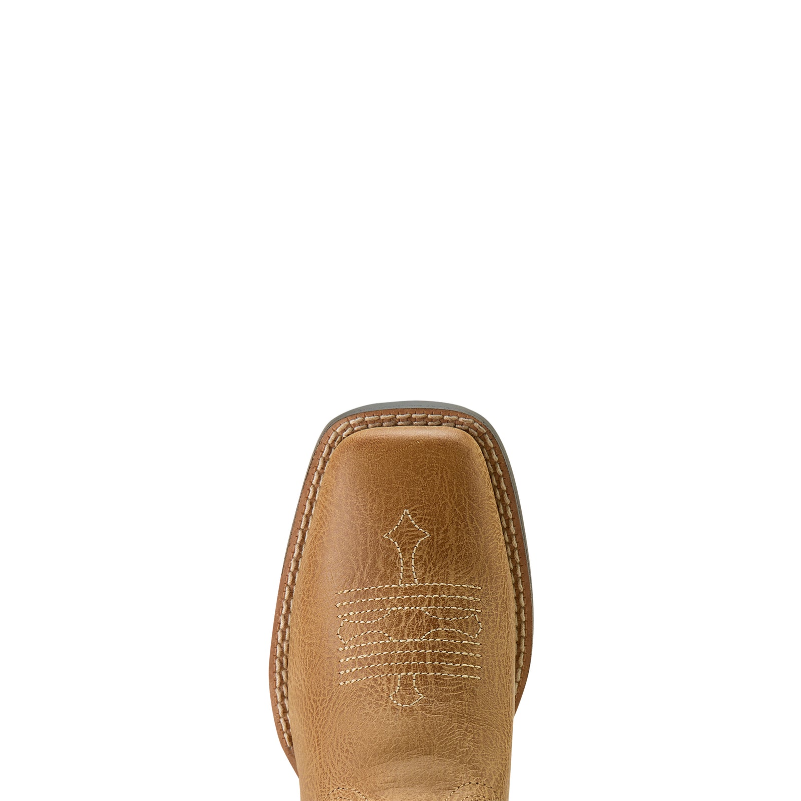 Ariat Kids Tombstone Wide Square Toe Western Boot. Tan leather boot sole with stitching detail on a white background