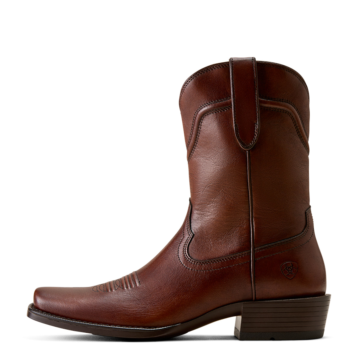 Brown leather cowboy boot on a white background