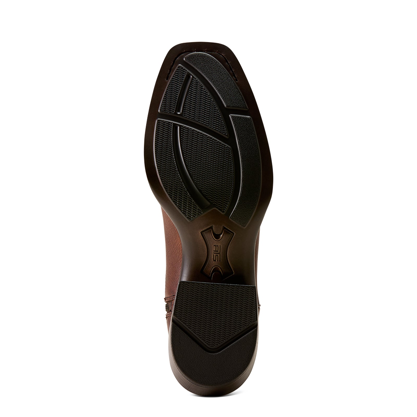Close-up of a brown leather shoe sole with black rubber outsole on a white background