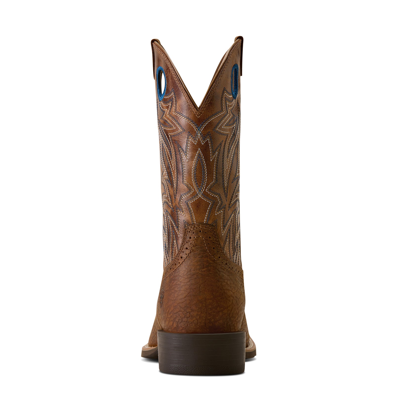 Brown cowboy boot with intricate stitching on a white background