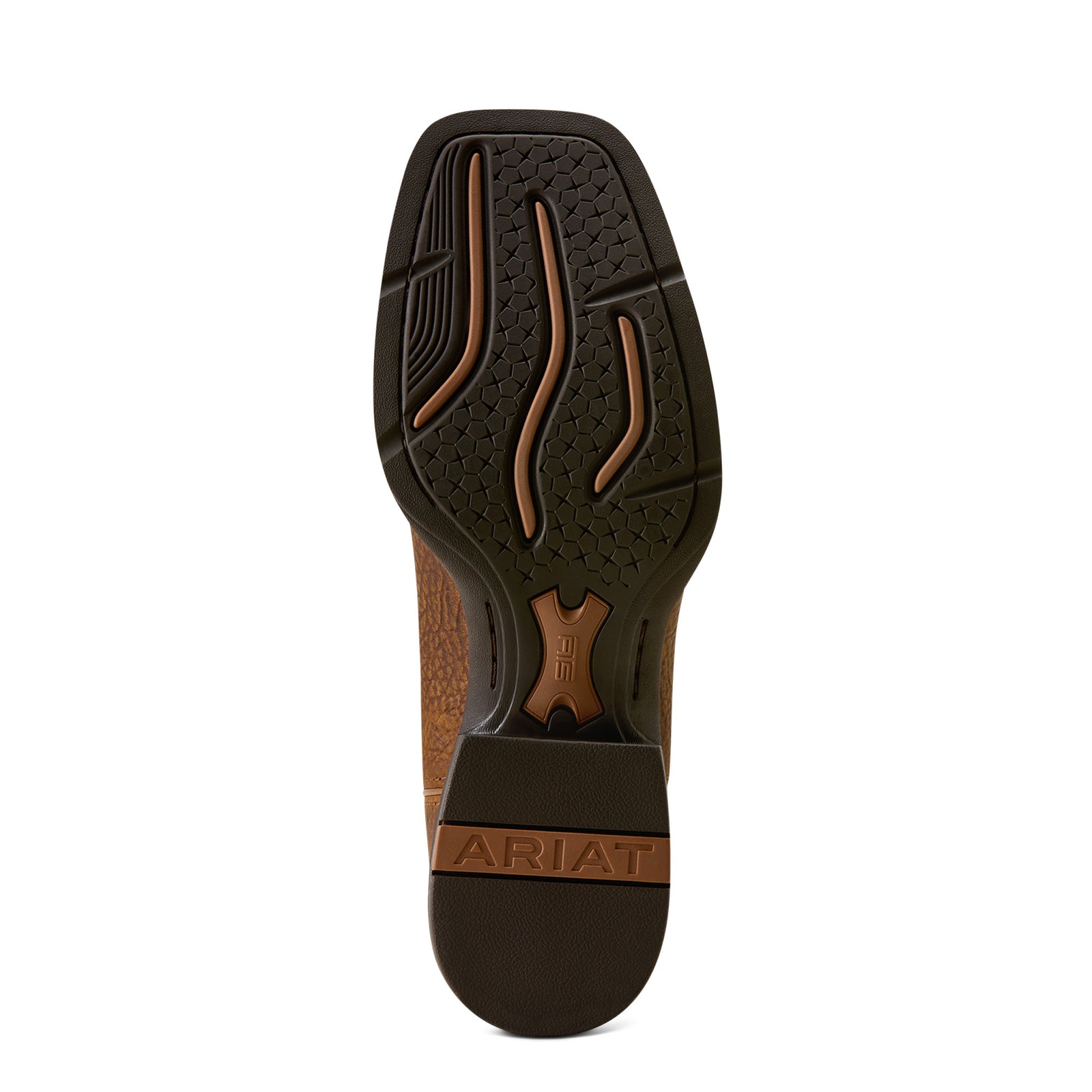Brown cowboy boot with intricate stitching on a white background