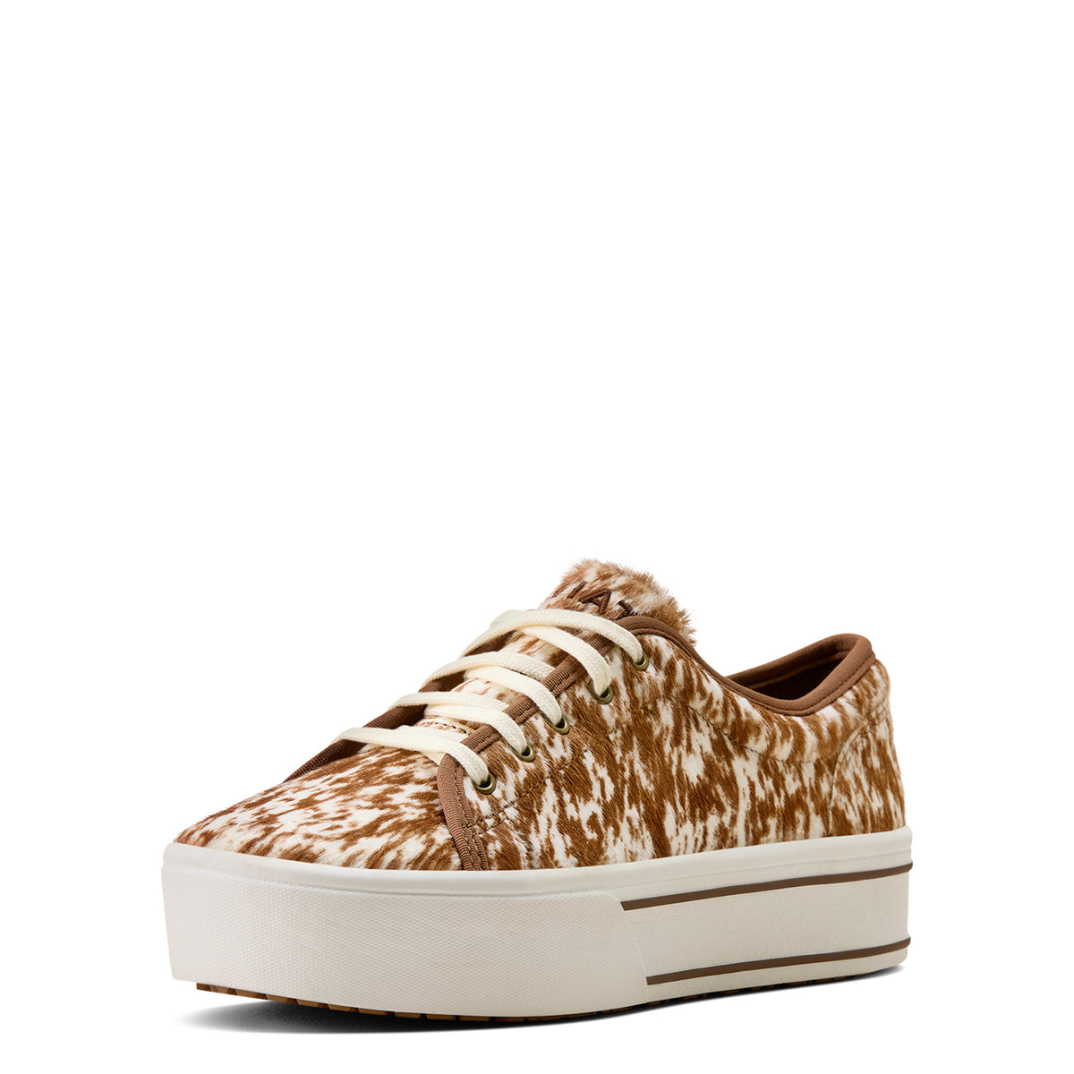 Brown and white patterned sneaker on a white background