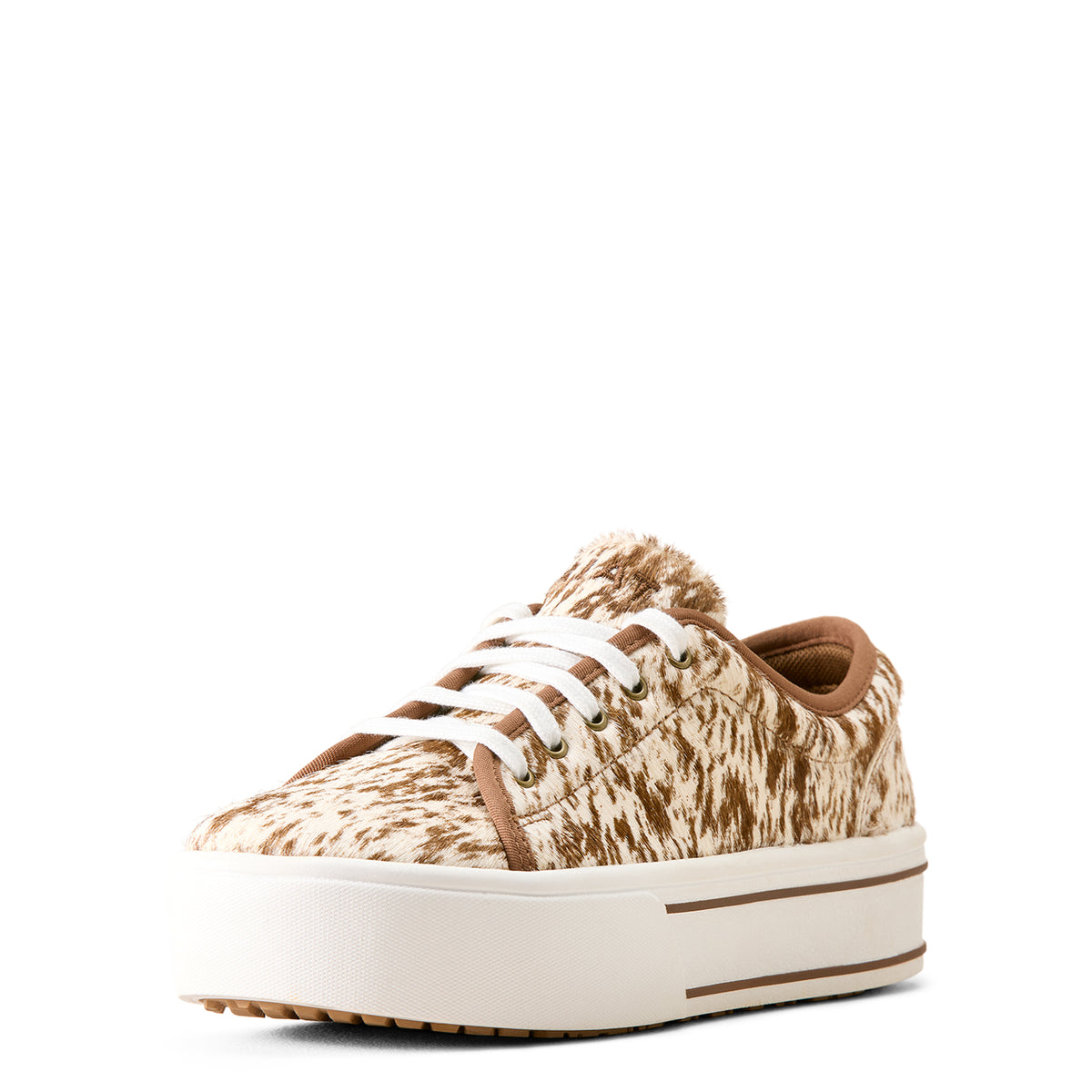 Brown and beige sneaker with white laces on a white background