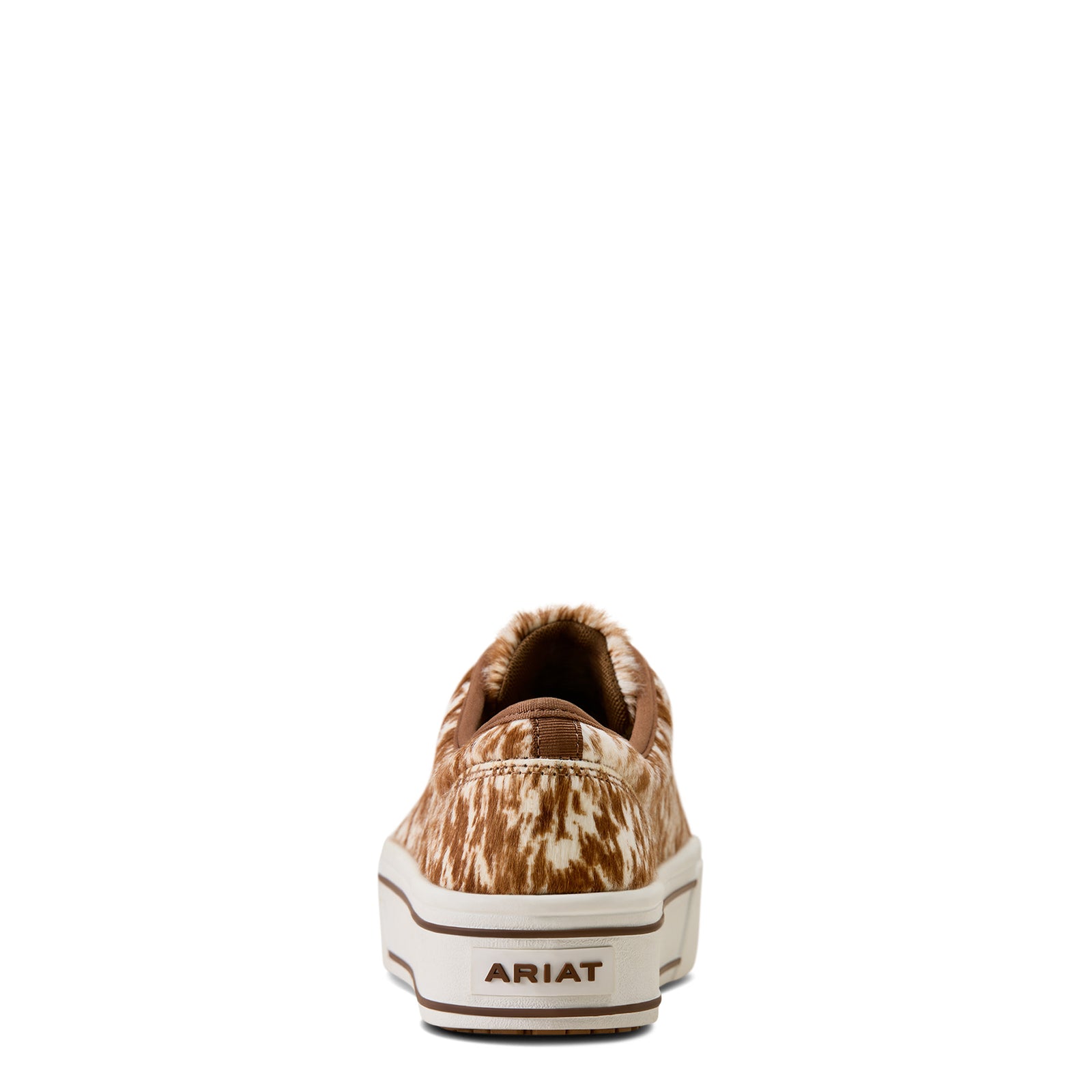 Brown and white cow print sneaker with 'Ariat' branding on a white background