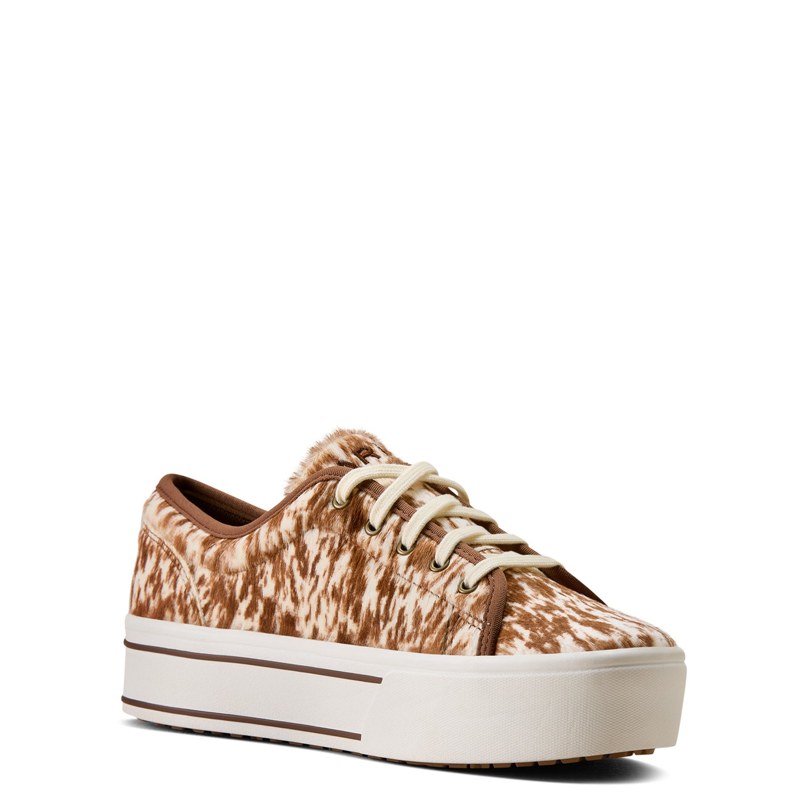 Brown and white patterned sneaker on a white background