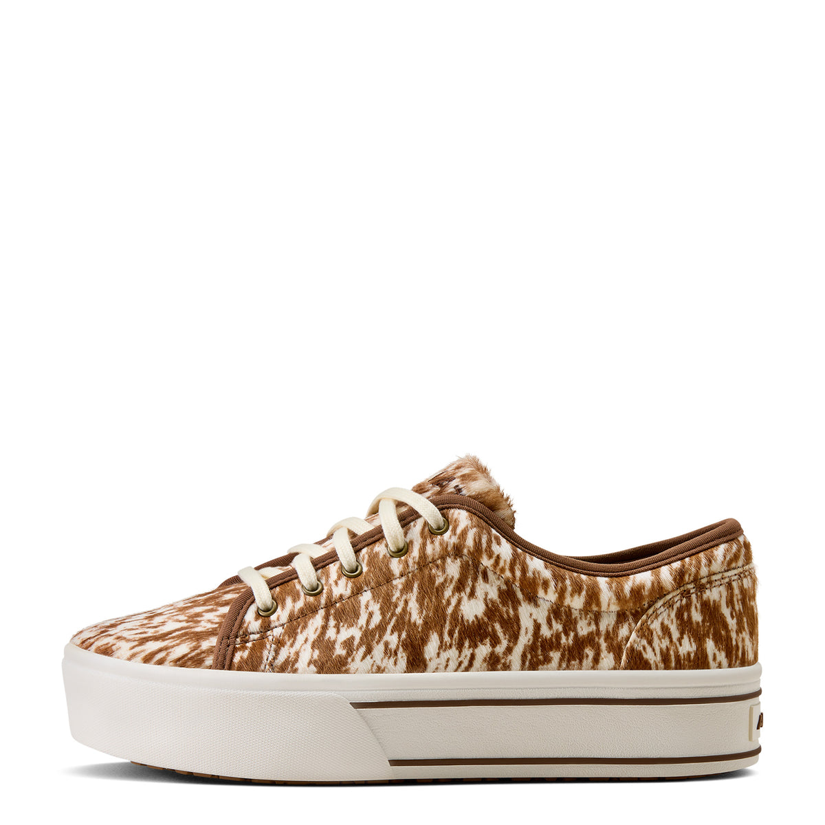 Brown and white patterned sneaker on a white background