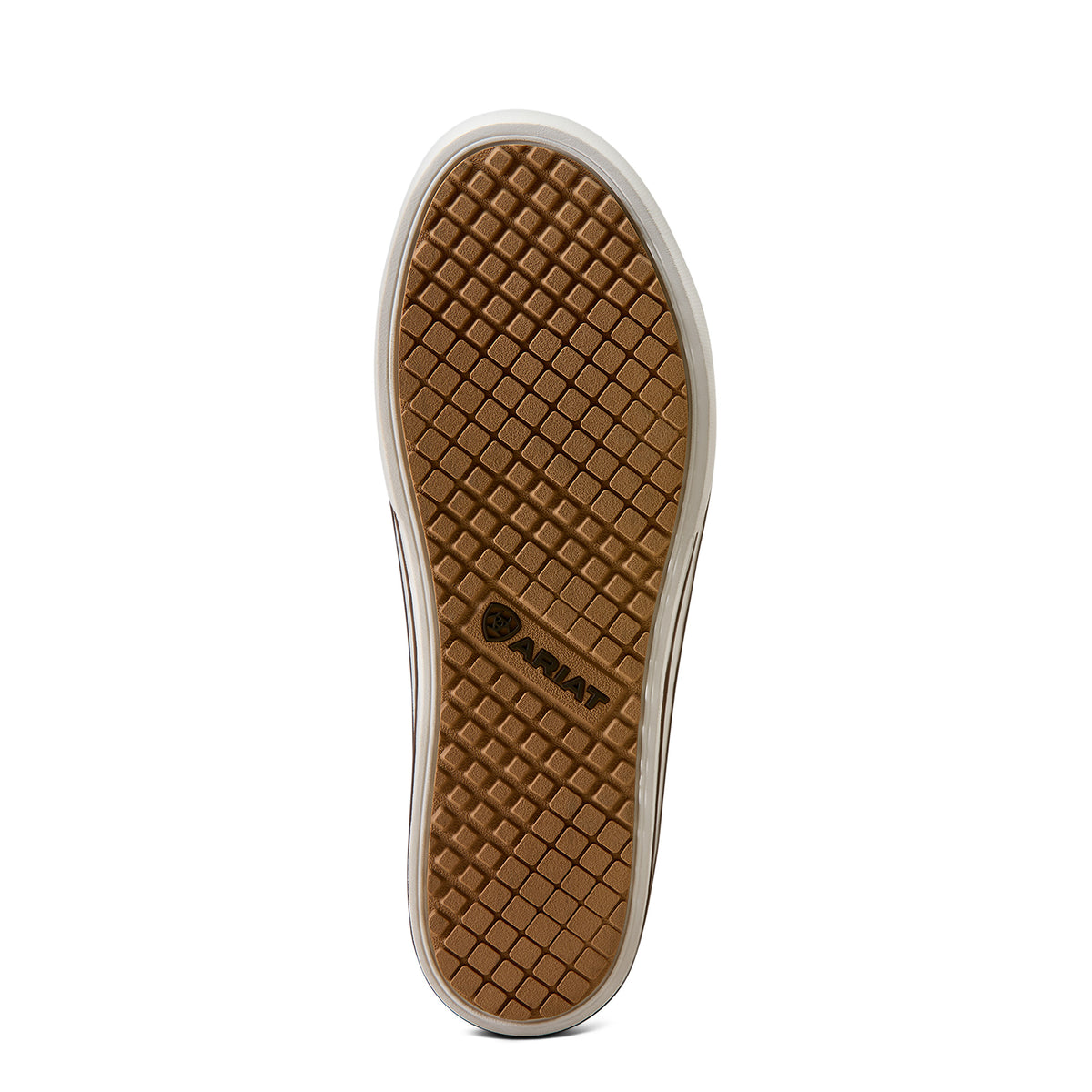Brown sole of a shoe with a brand logo on a white background