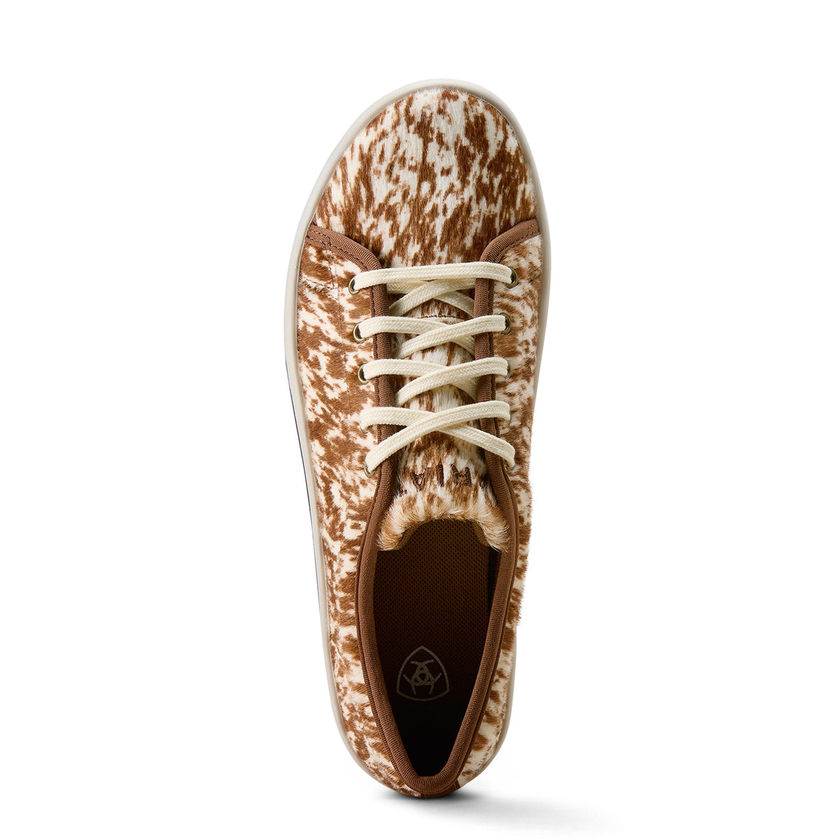 Brown and white patterned sneaker on a white background