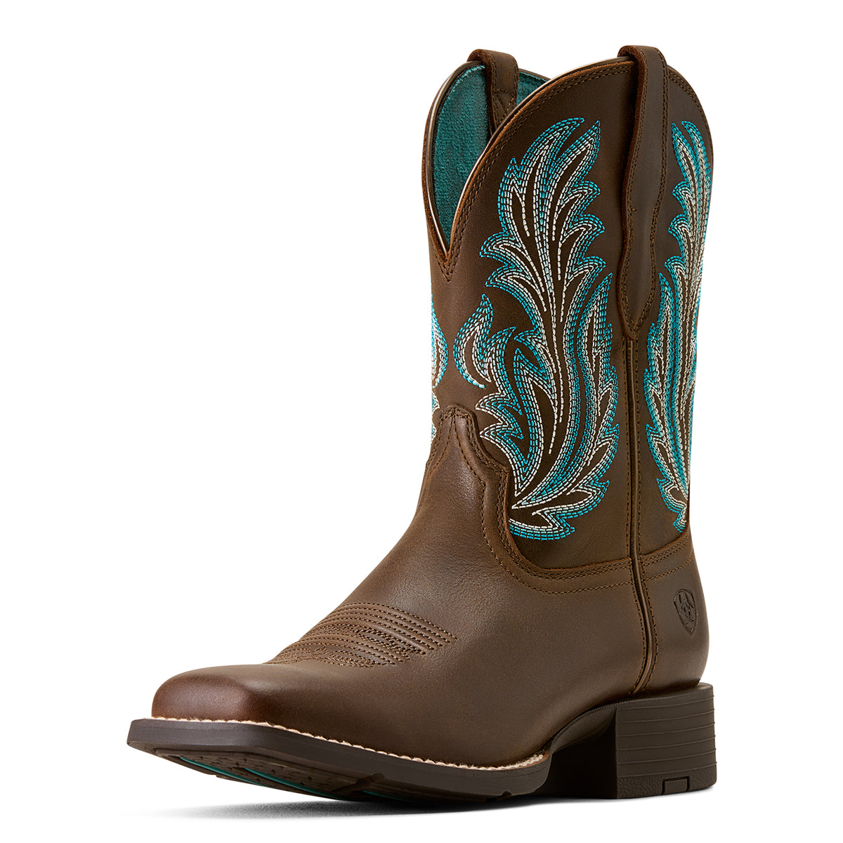 Brown cowboy boot with turquoise embroidery on a white background
