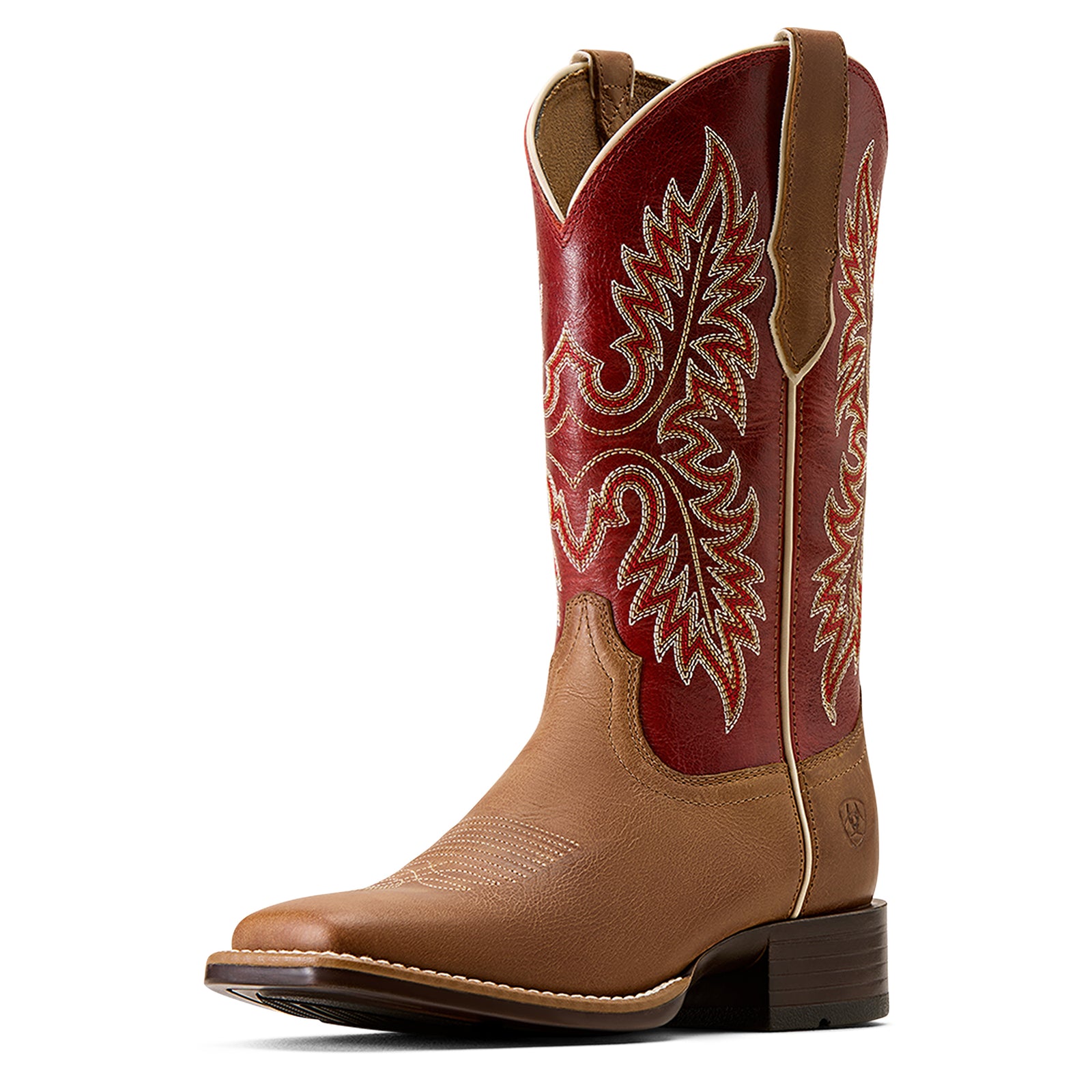 A single western cowboy boot shown in a side profile on a white background. The boot features a tan leather lower section, a deep red leather shaft insert with intricate tan and white embroidered floral patterns, and a dark brown stacked heel.