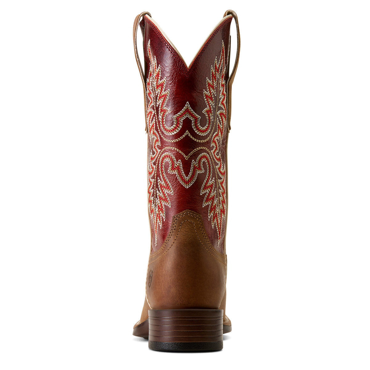 Brown cowboy boot with red and white embroidery on a white background
