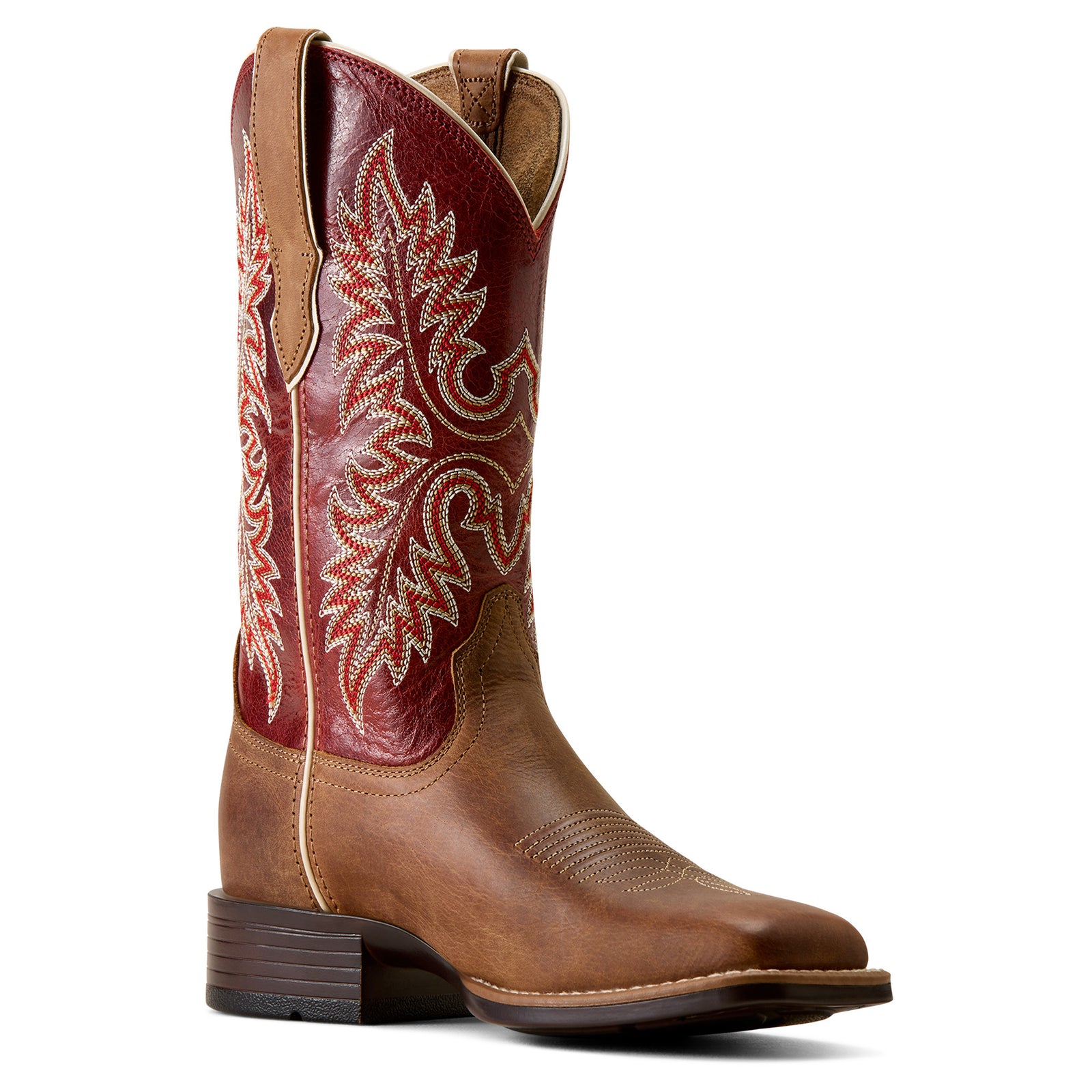 Brown cowboy boot with red and white embroidery on a white background