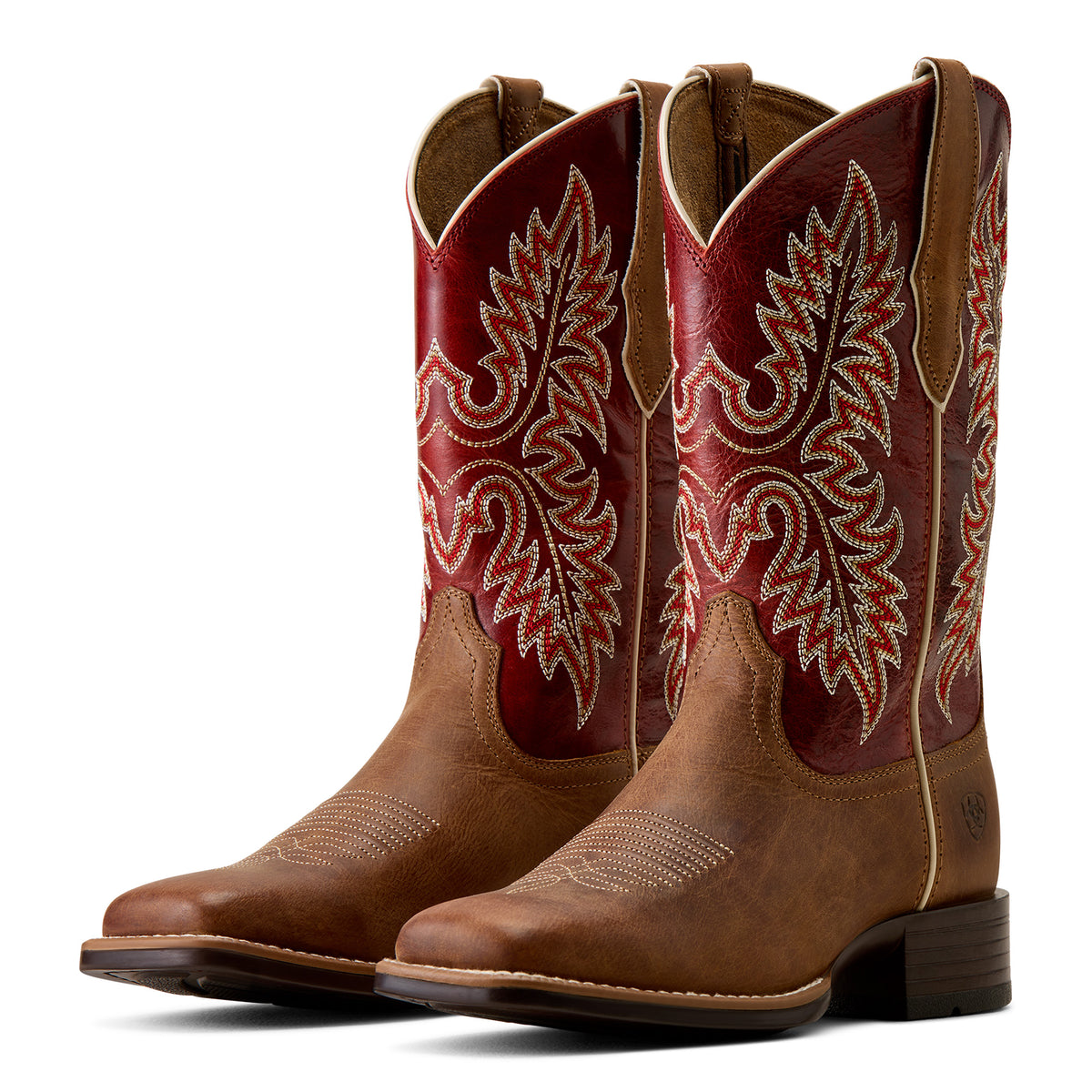 Brown cowboy boots with red and white embroidery on a white background