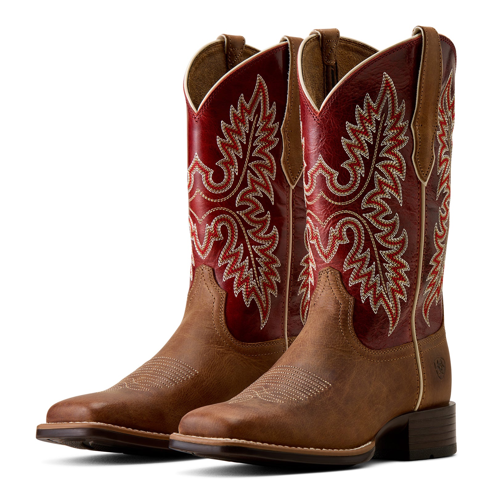 Brown cowboy boots with red and white embroidery on a white background