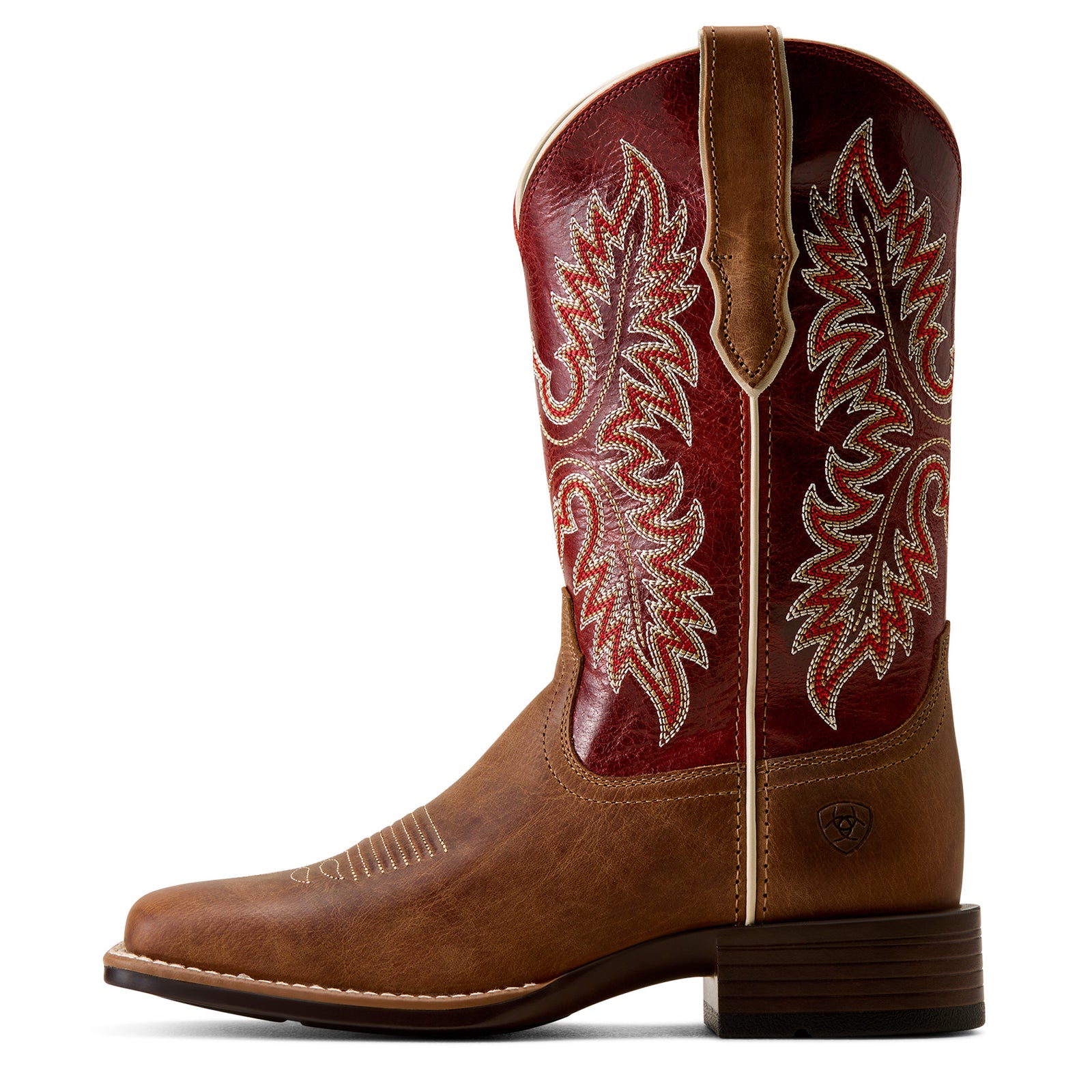 Brown cowboy boot with red and white embroidery on a white background