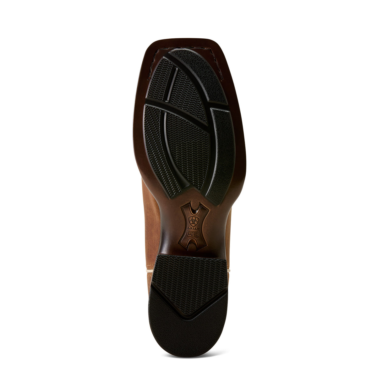 Close-up of a brown leather shoe sole with black tread pattern on a white background