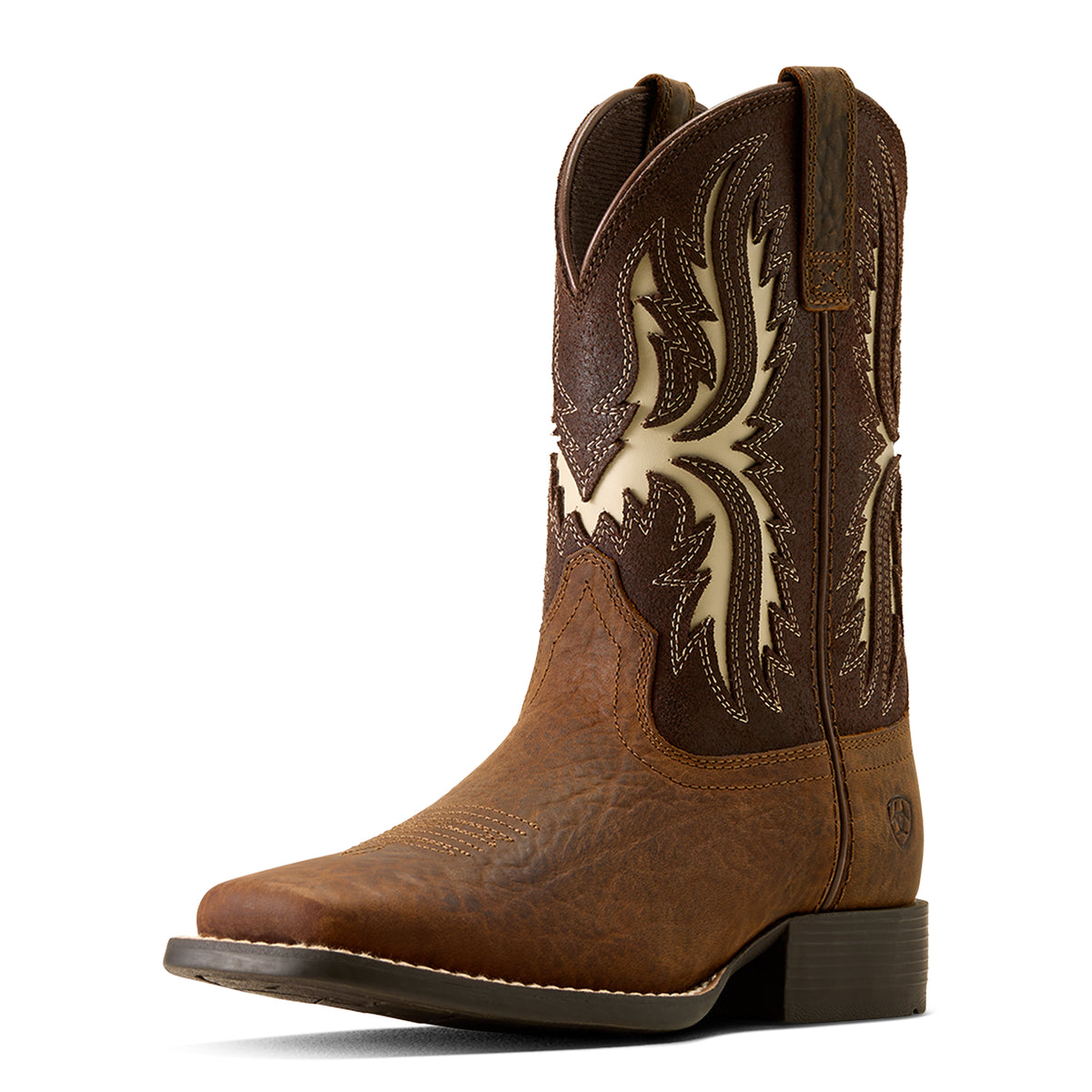 Brown cowboy boot with intricate white stitching on a white background