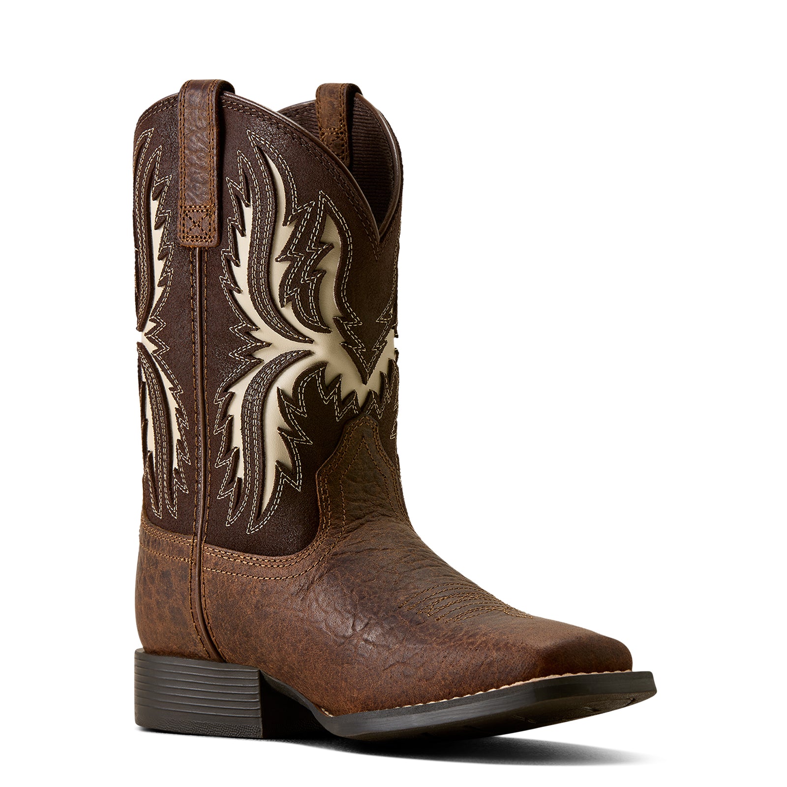 Brown cowboy boot with intricate white stitching on a white background