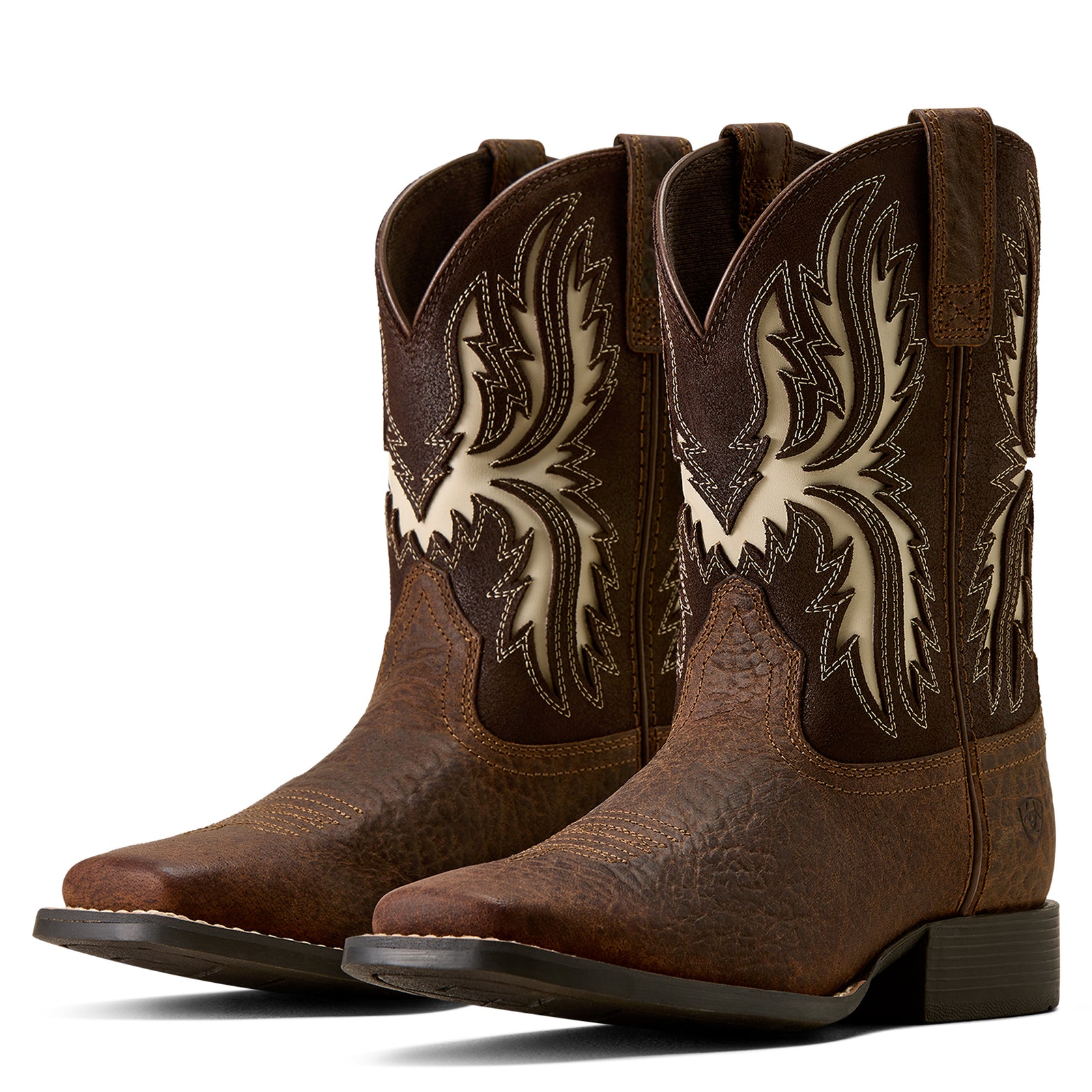 Pair of brown cowboy boots with intricate white stitching on a white background