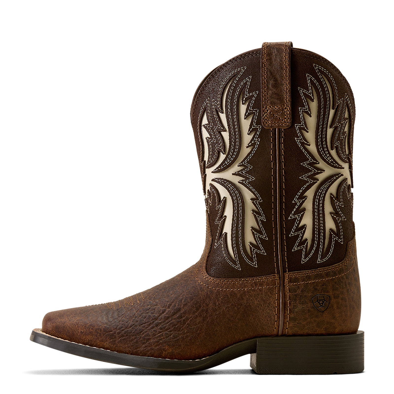 Brown cowboy boot with intricate white stitching on a white background