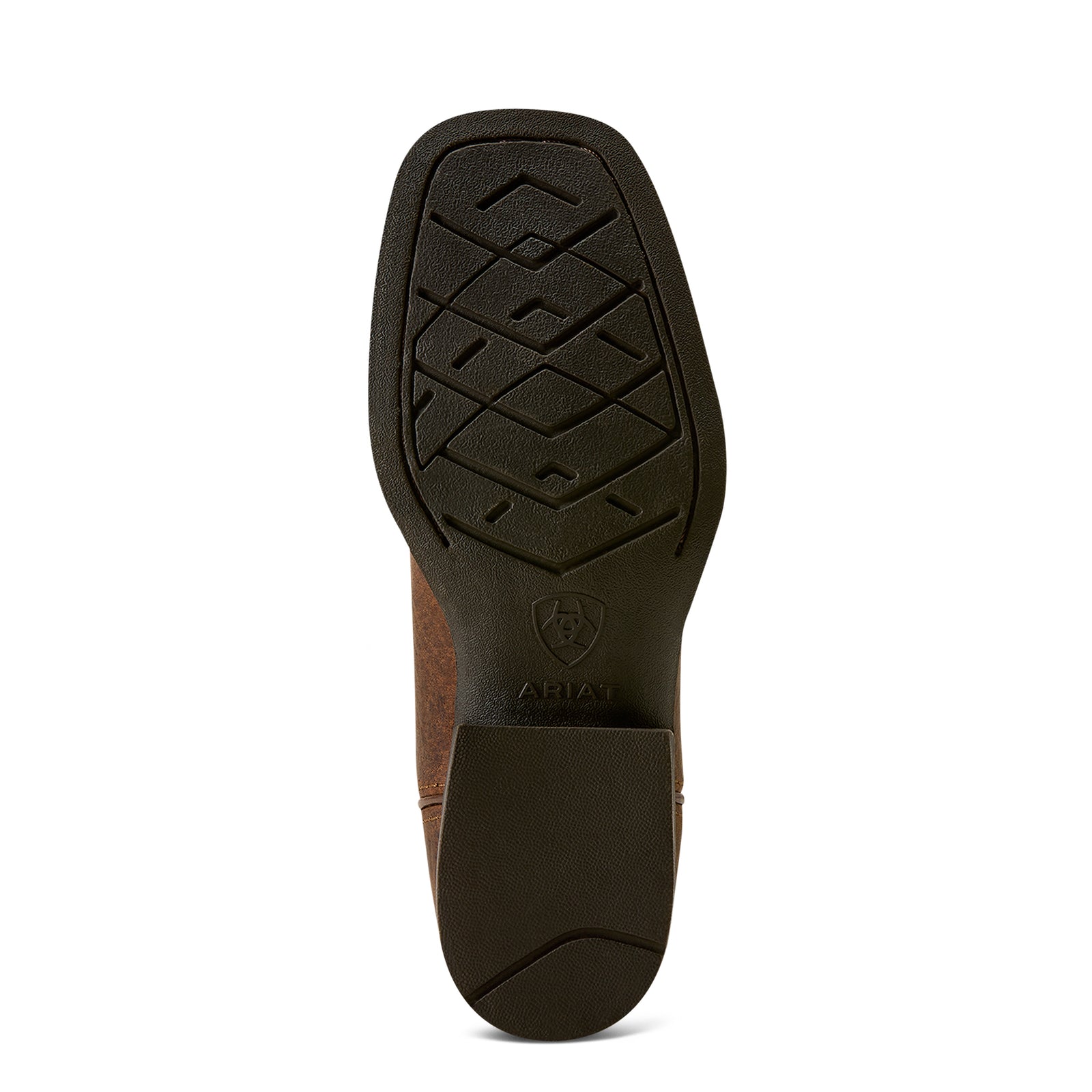Close-up of a brown boot sole with ARIAT logo on a white background