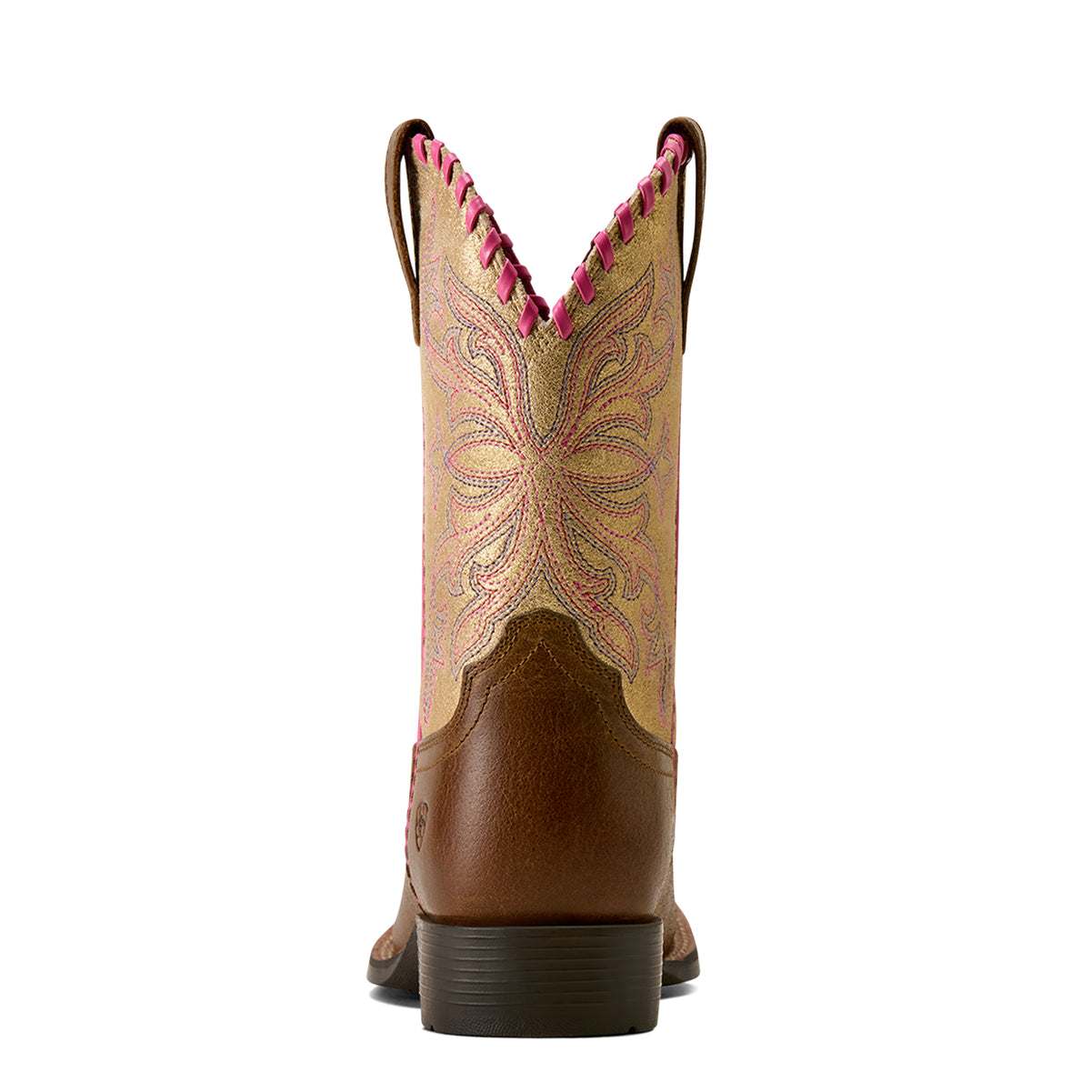 Brown cowboy boot with pink stitching on a white background