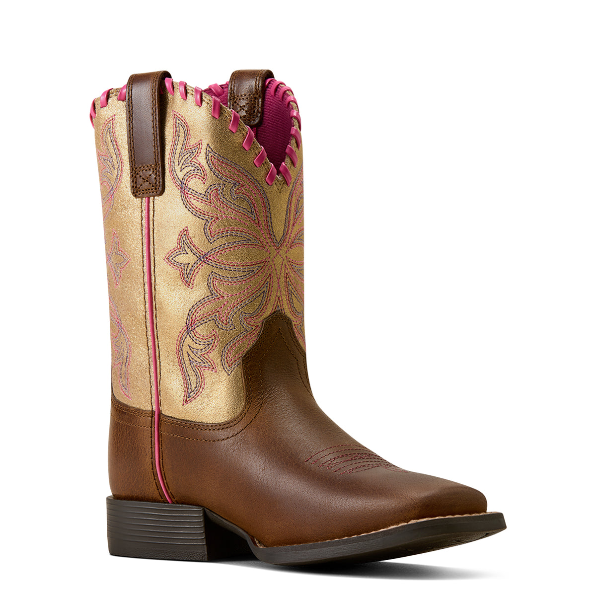 Brown and beige cowboy boot with intricate stitching on a white background