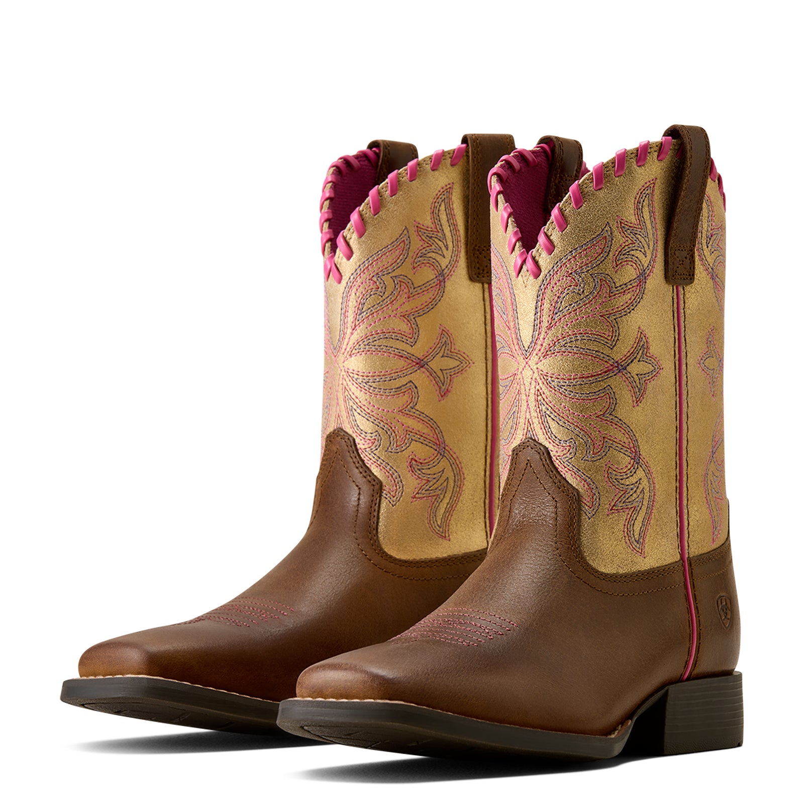 Pair of brown and beige cowboy boots with pink stitching on a white background