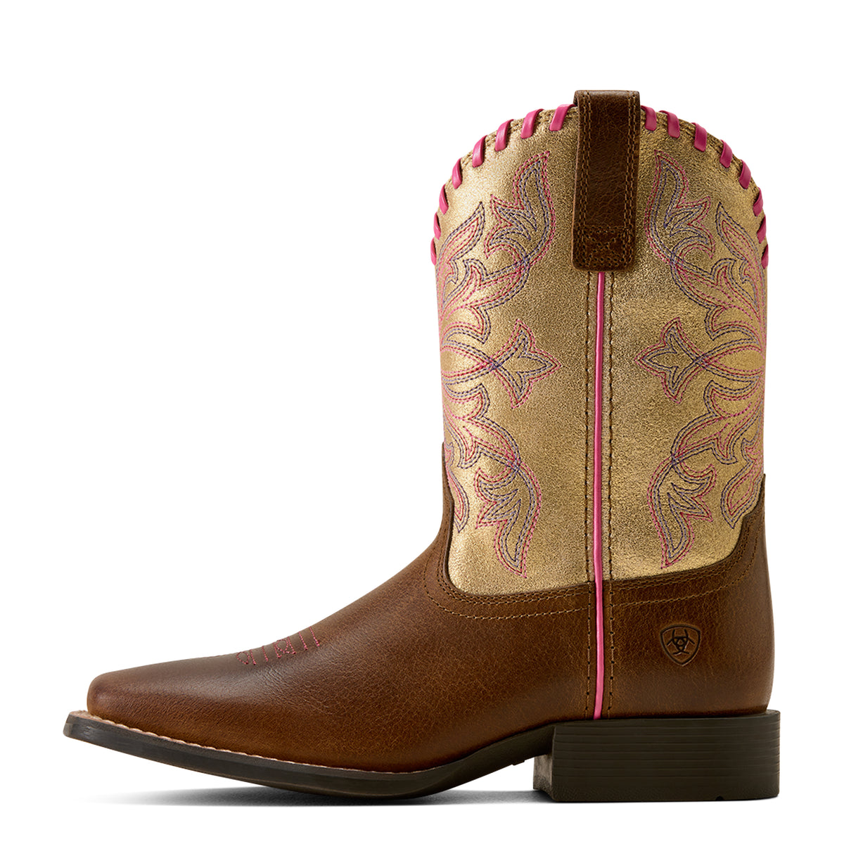 Brown and beige cowboy boot with pink stitching on a white background