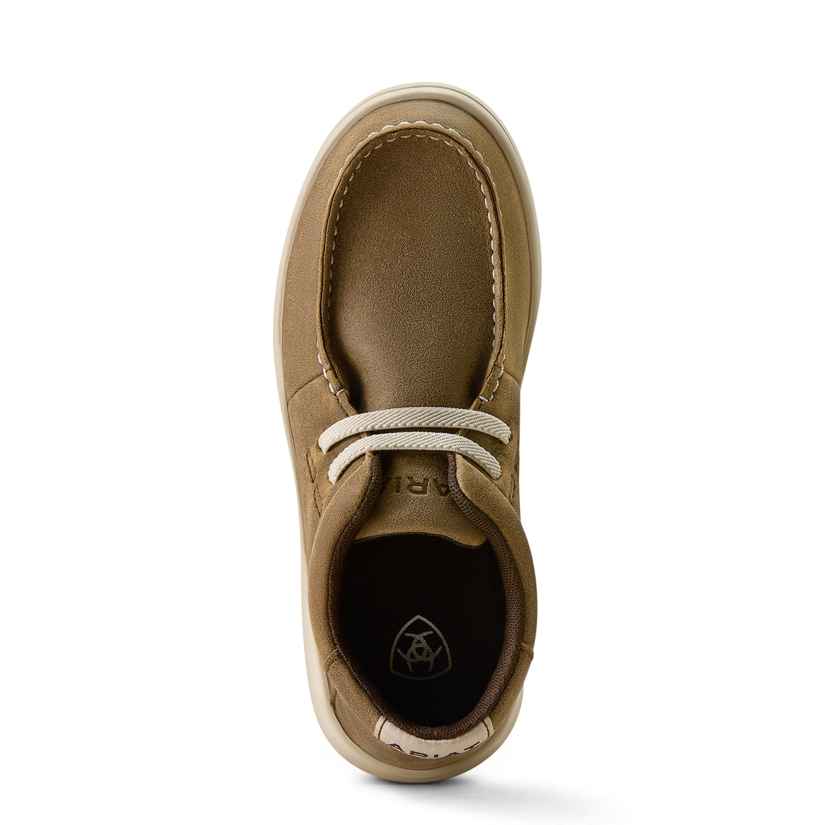 Brown leather shoe with white laces on a white background
