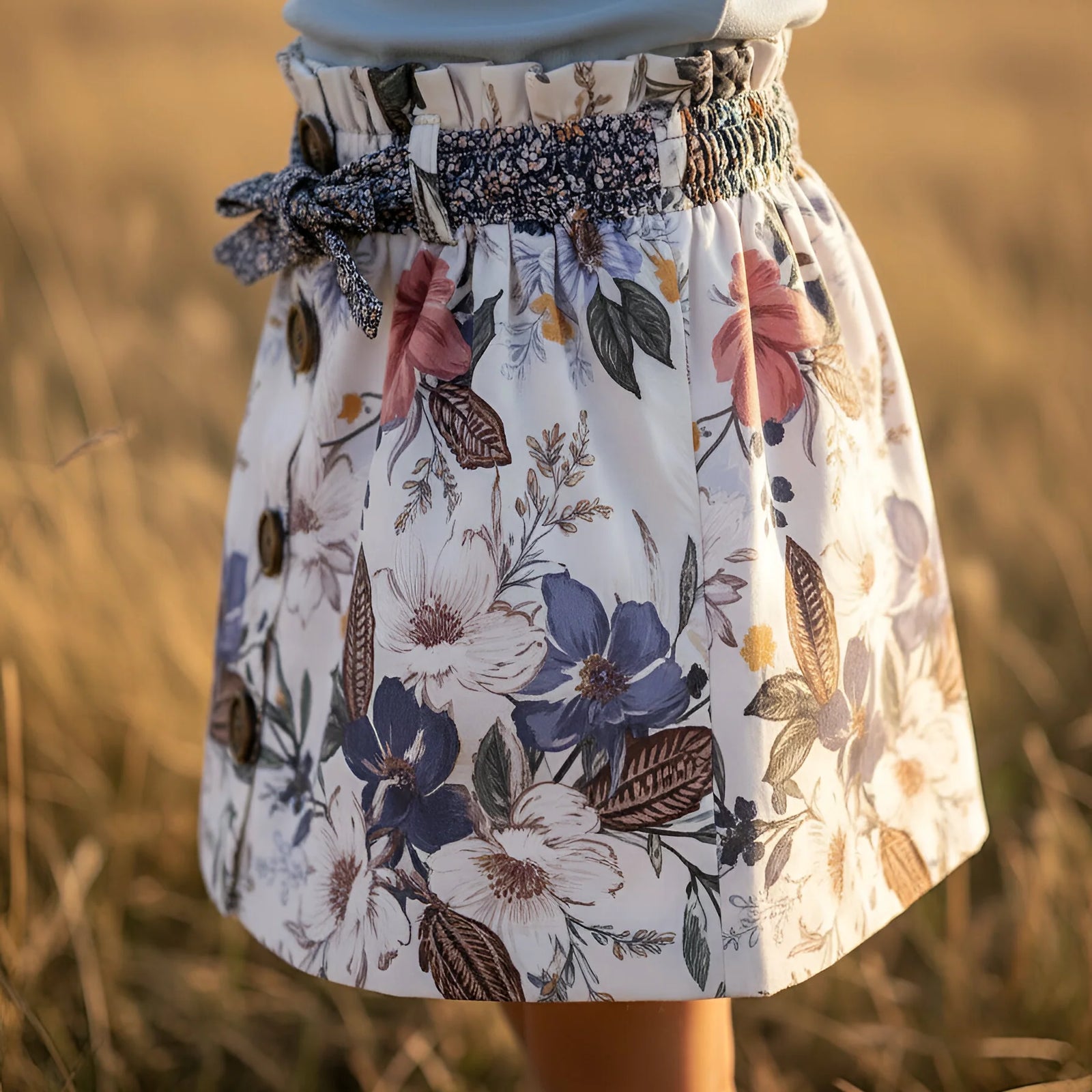 Person wearing a floral skirt with a blurred natural background