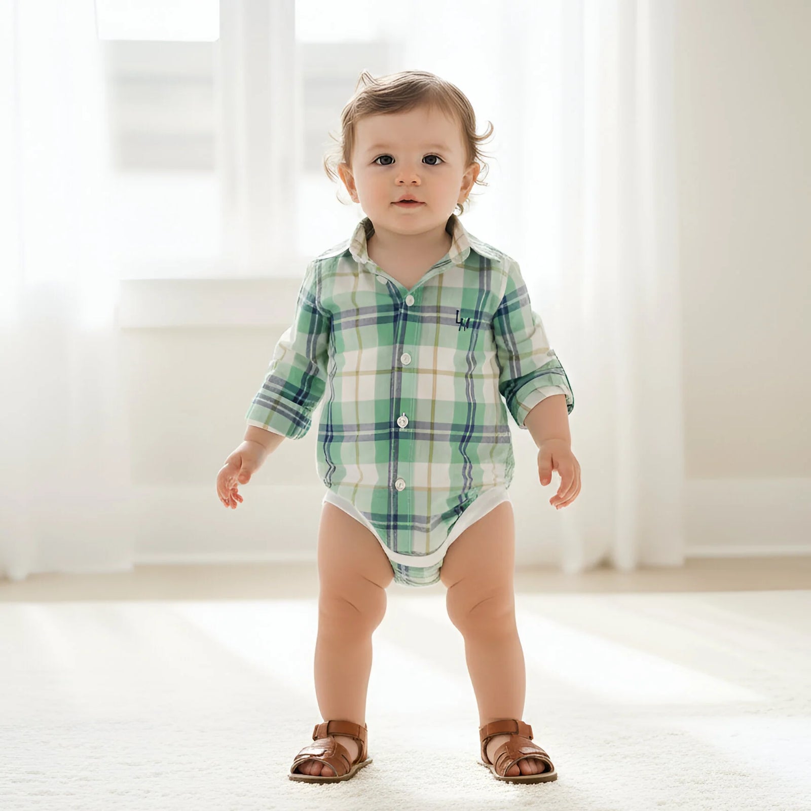 A toddler standing indoors wearing a green and white plaid long-sleeve button-front bodysuit with white diaper cover and brown sandals.