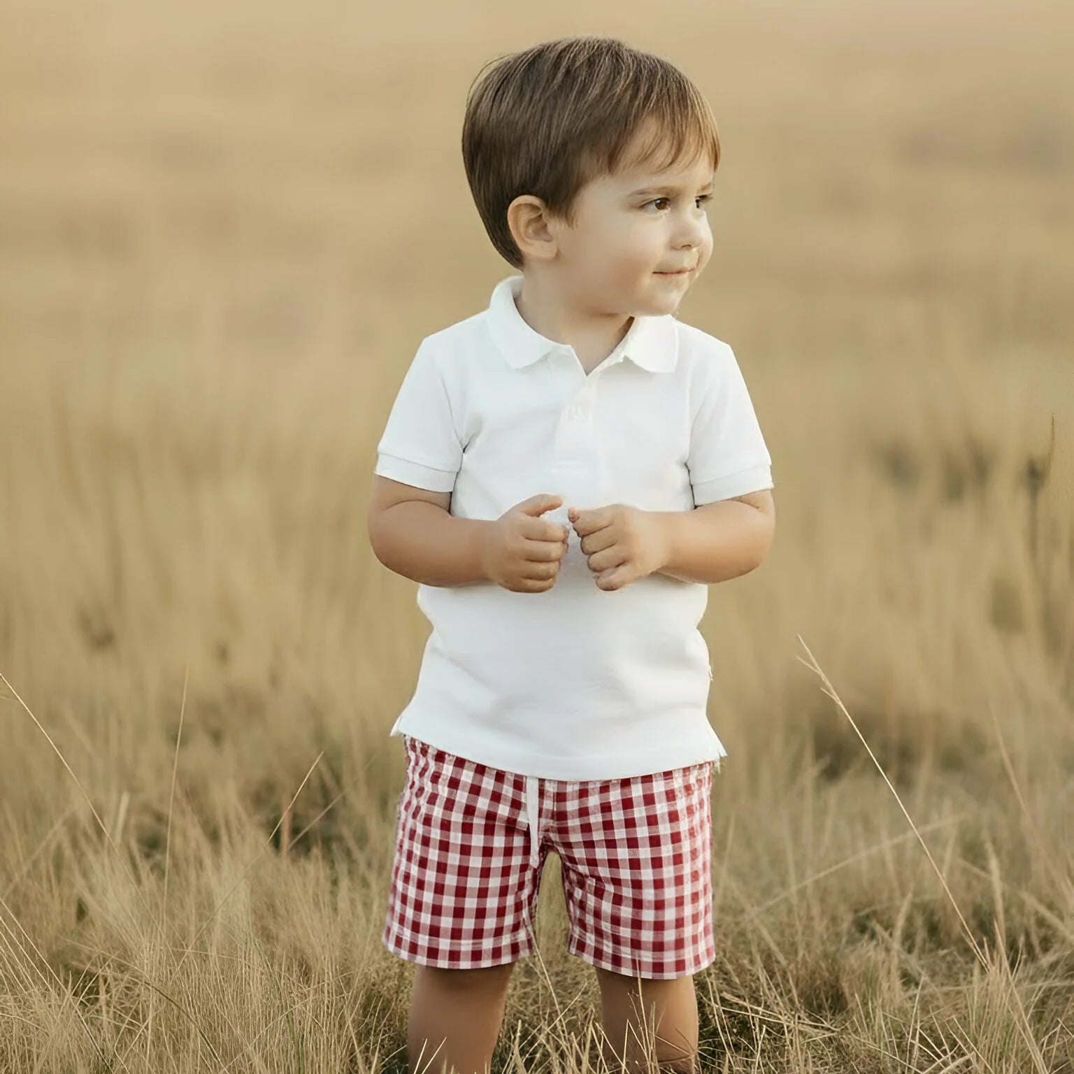 A toddler boy wearing a white short-sleeve polo shirt and red-and-white gingham shorts, standing in a blurred golden field.