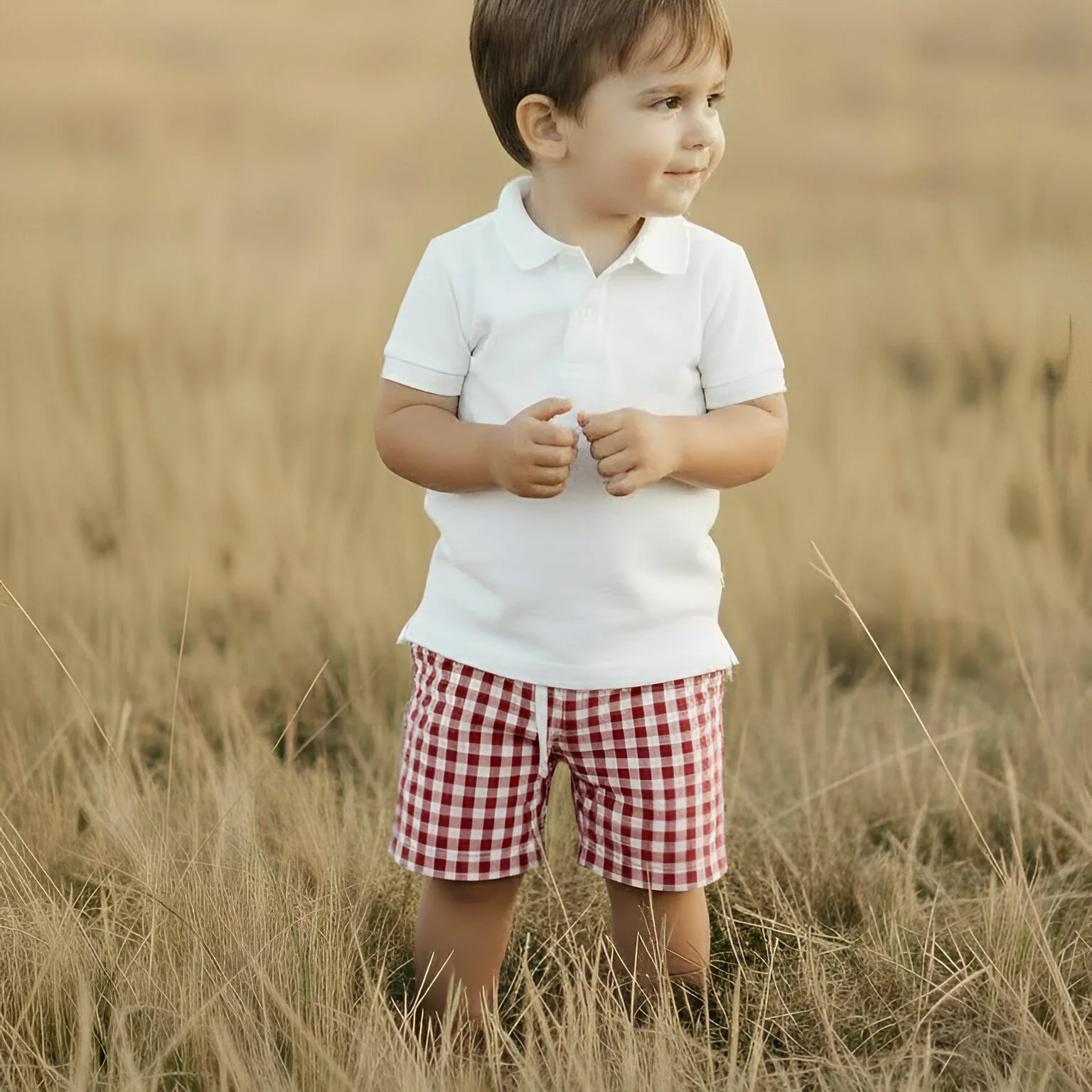 A toddler boy standing in a dry grass field, wearing a white short-sleeve polo shirt and red-and-white gingham shorts.