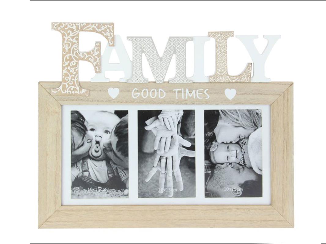 Triple Family Frame/ Wall Hanger. Wooden photo frame with 'FAMILY GOOD TIMES' text and three black and white photos inside.