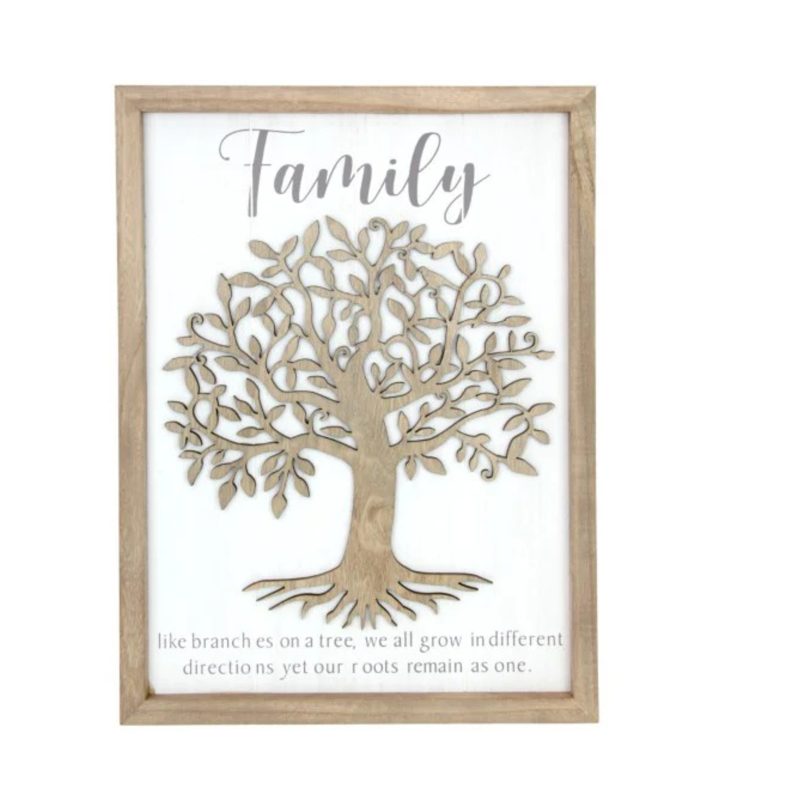 Family Plaque with Tree of Life Design. Framed artwork of a tree with 'Family' text on a white background