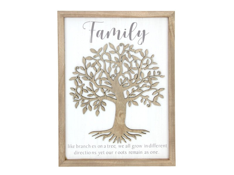 Family Plaque with Tree of Life Design. Framed artwork of a family tree with the word 'Family' at the top on a white background.