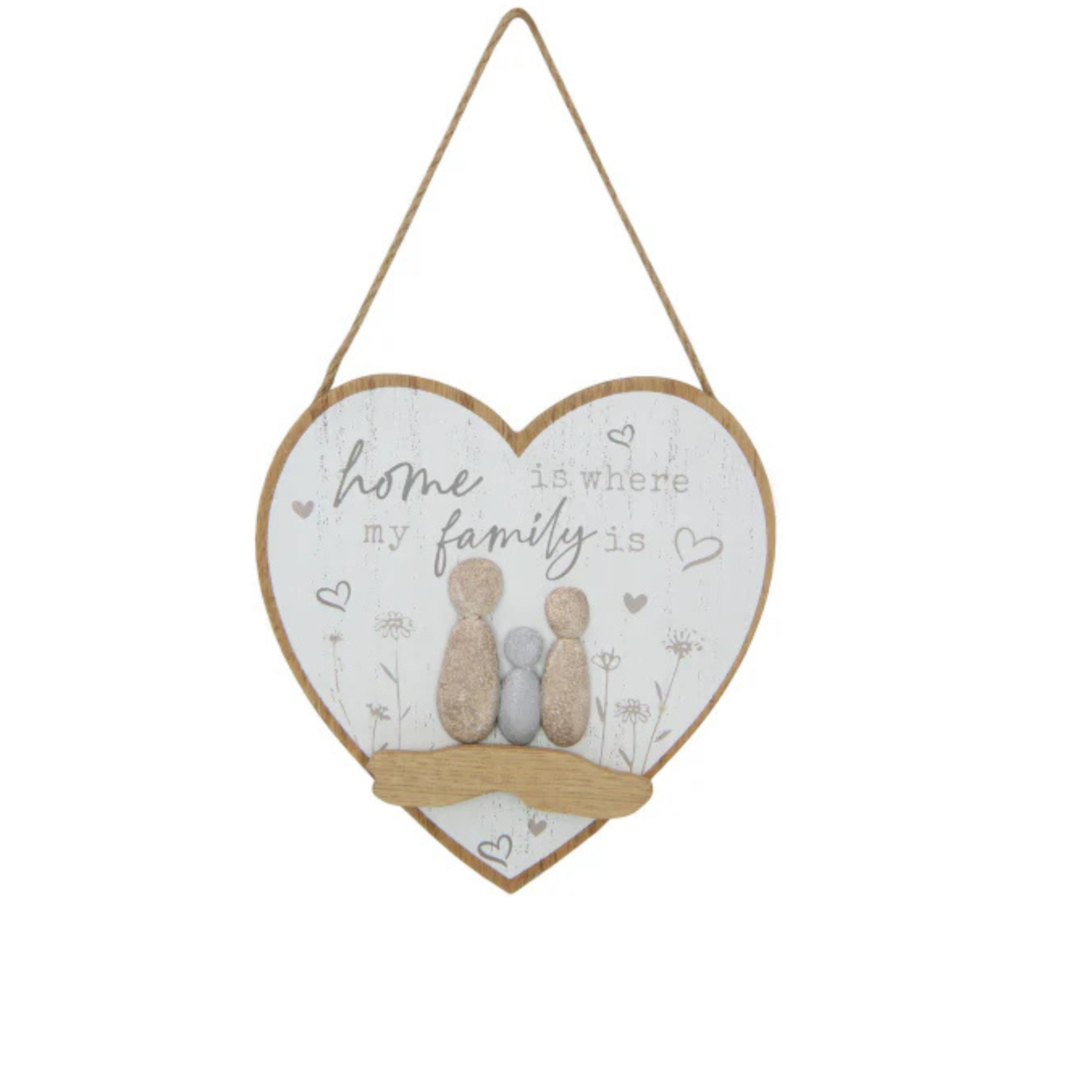 Heart Shape Family Hanging Plaque with Rock Family. Heart-shaped wooden plaque with 'home is where my family is' text and family illustration on a white background