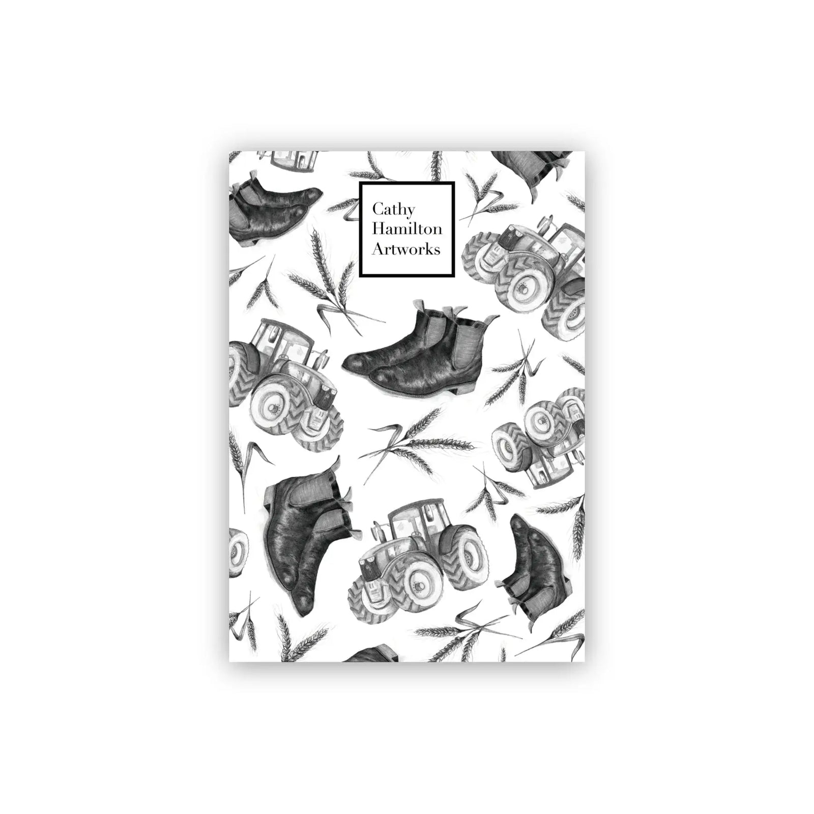 Farmers A5 Notepad. A5 notepad with a black and white farm-themed pattern including animals and agricultural equipment.