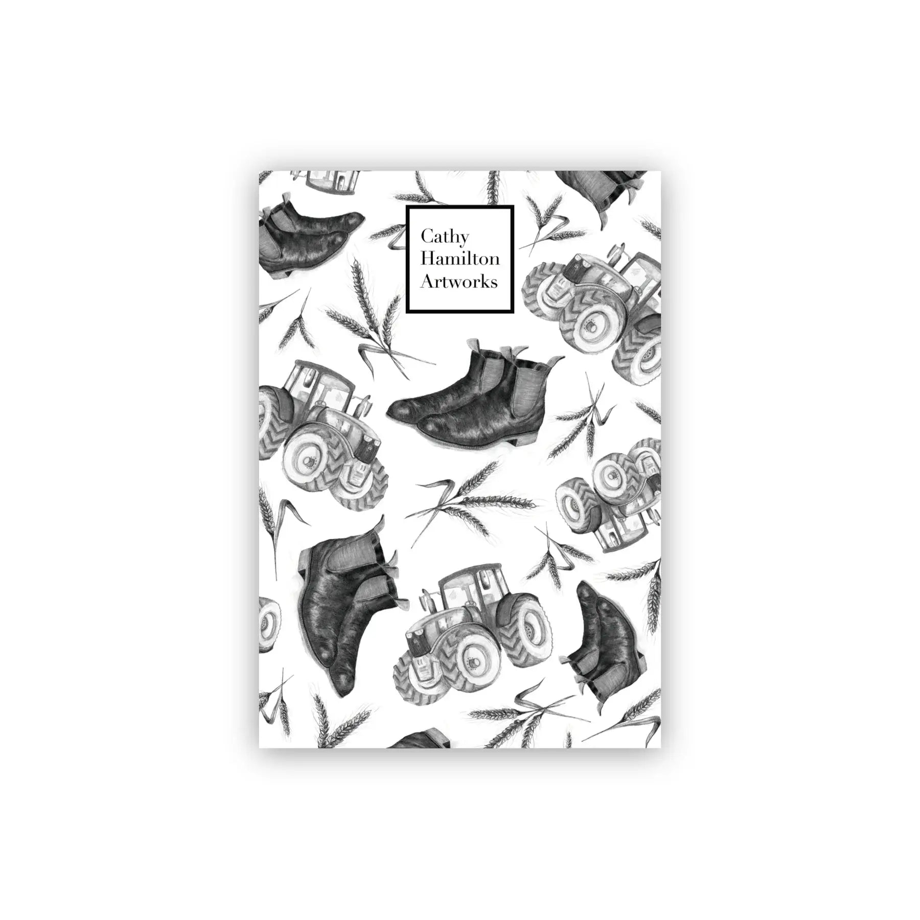 Farmers A5 Notepad. A5 notepad with a black and white farm-themed pattern including animals and agricultural equipment.