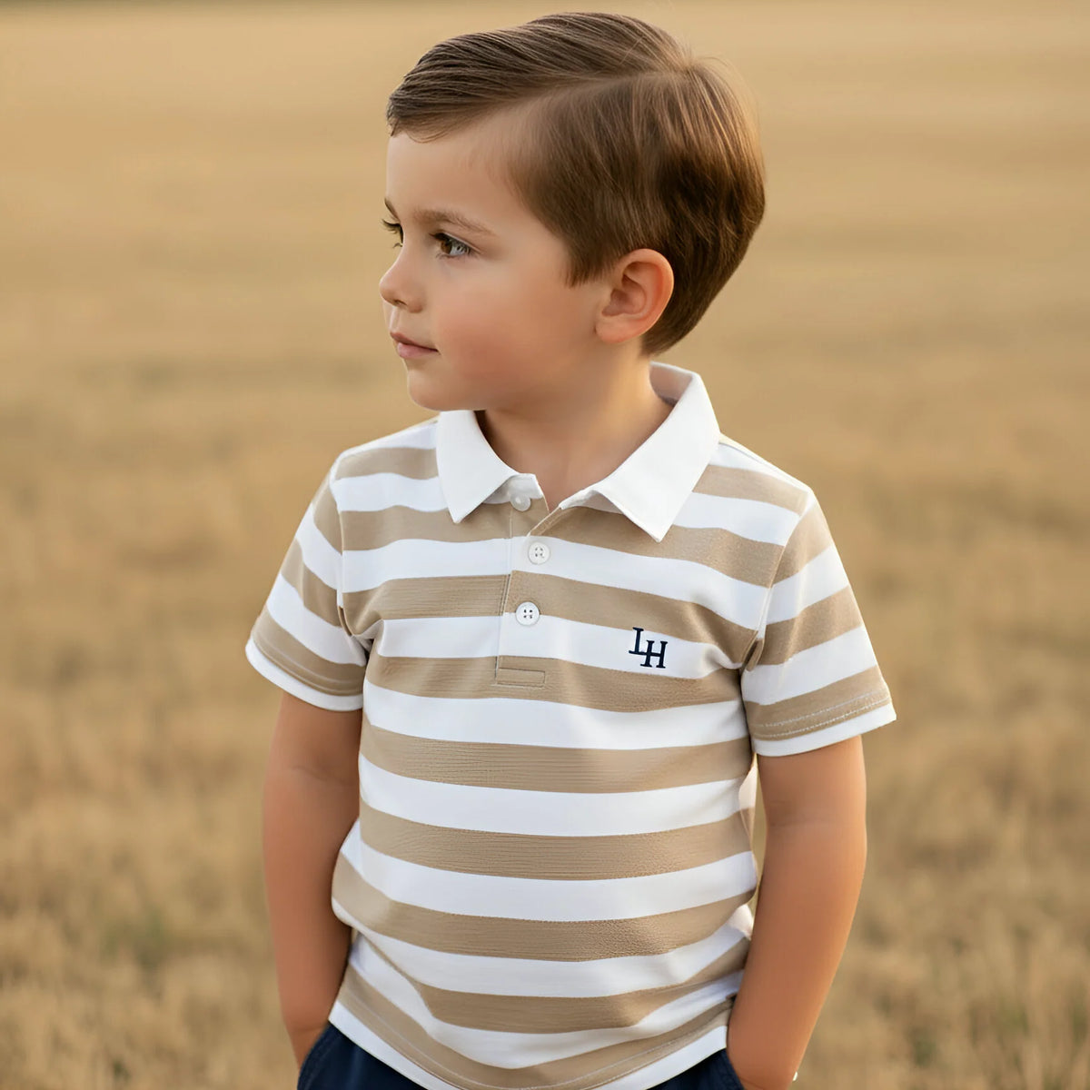 A young boy wearing a beige and white horizontally striped polo shirt with a white collar and a small embroidered logo on the chest, standing in a dry, golden field.