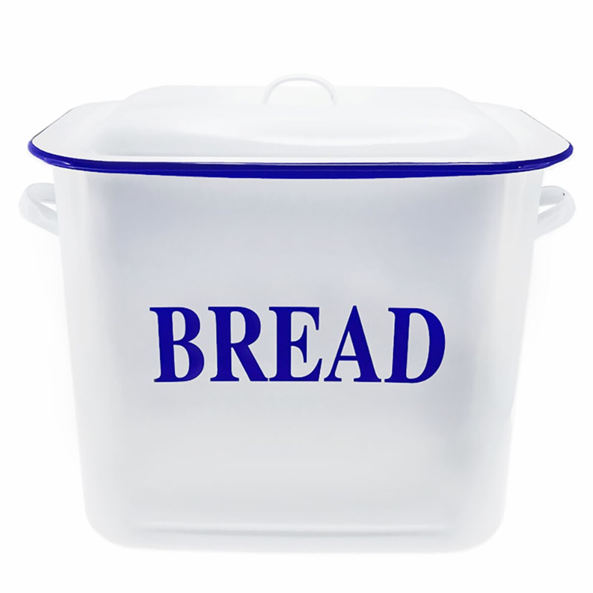 White bread bin with blue rim and 'BREAD' text on a white background