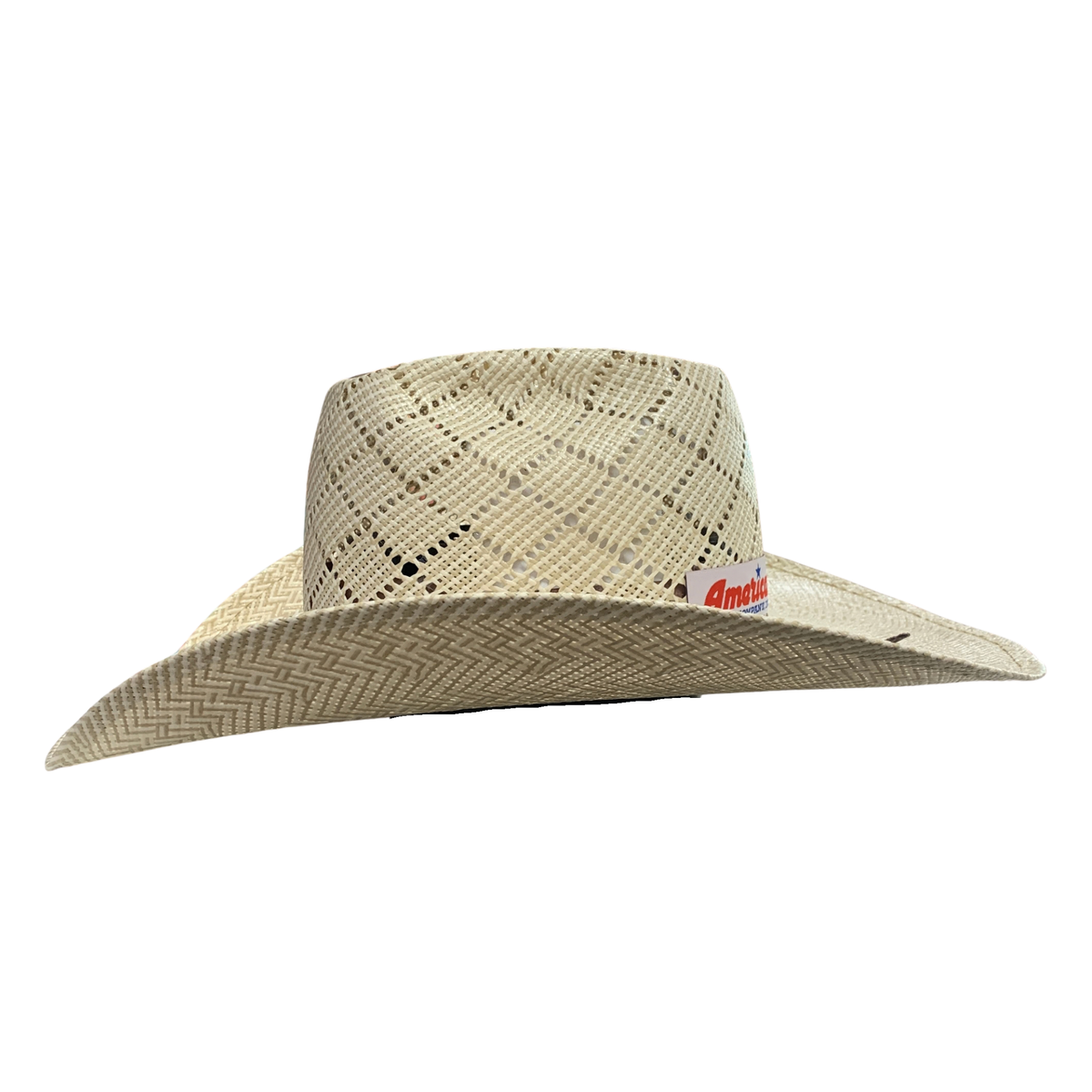 A woven straw cowboy hat in a light beige color, featuring a small red and white 'America' brand tag on the side, set against a plain white background.