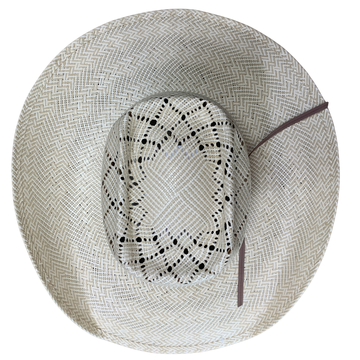 A top-down view of a woven straw cowboy hat in a light beige and white herringbone pattern, featuring a black dotted pattern on the crown and a thin brown ribbon accent.