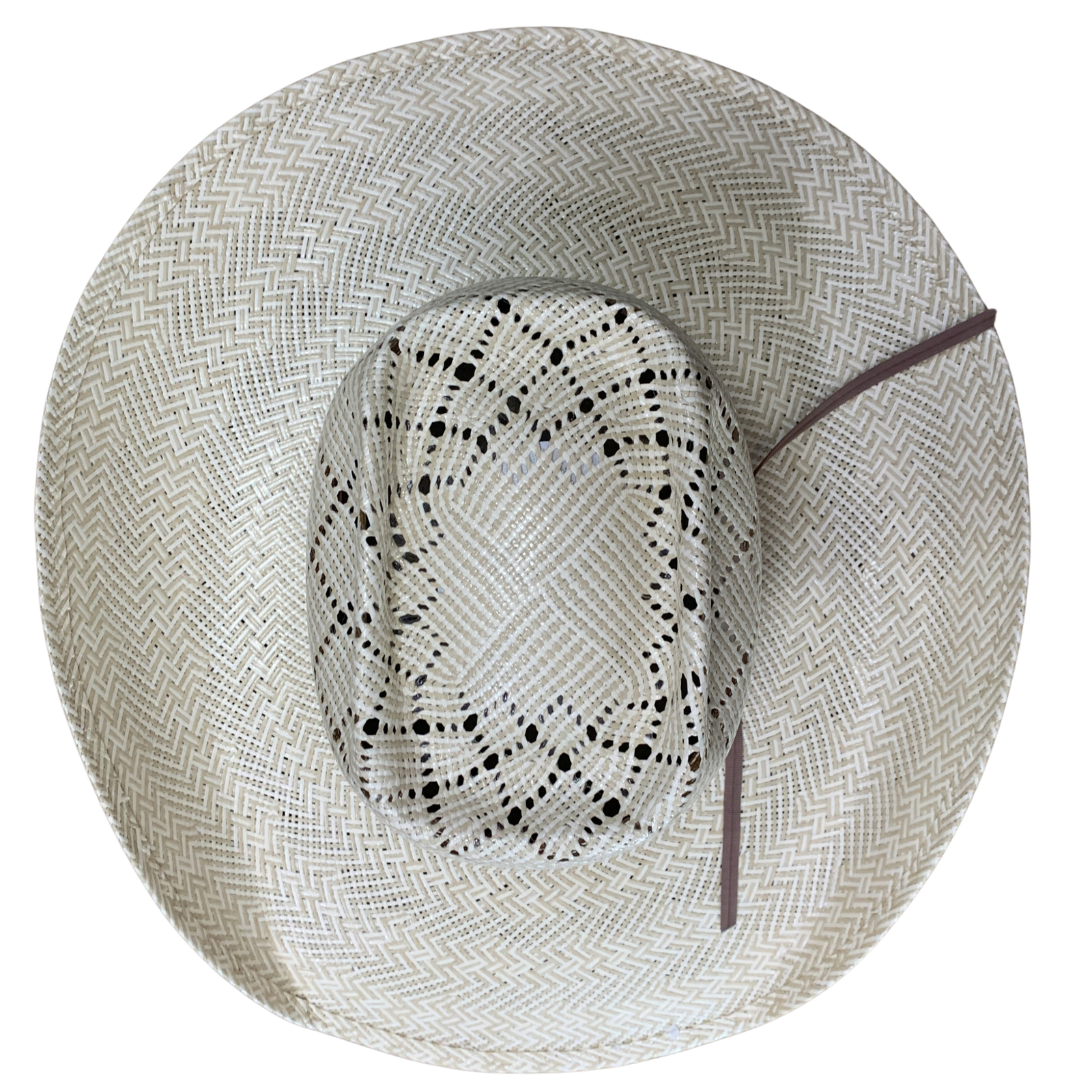 A top-down view of a woven straw cowboy hat in a light beige and white herringbone pattern, featuring a black dotted pattern on the crown and a thin brown ribbon accent.