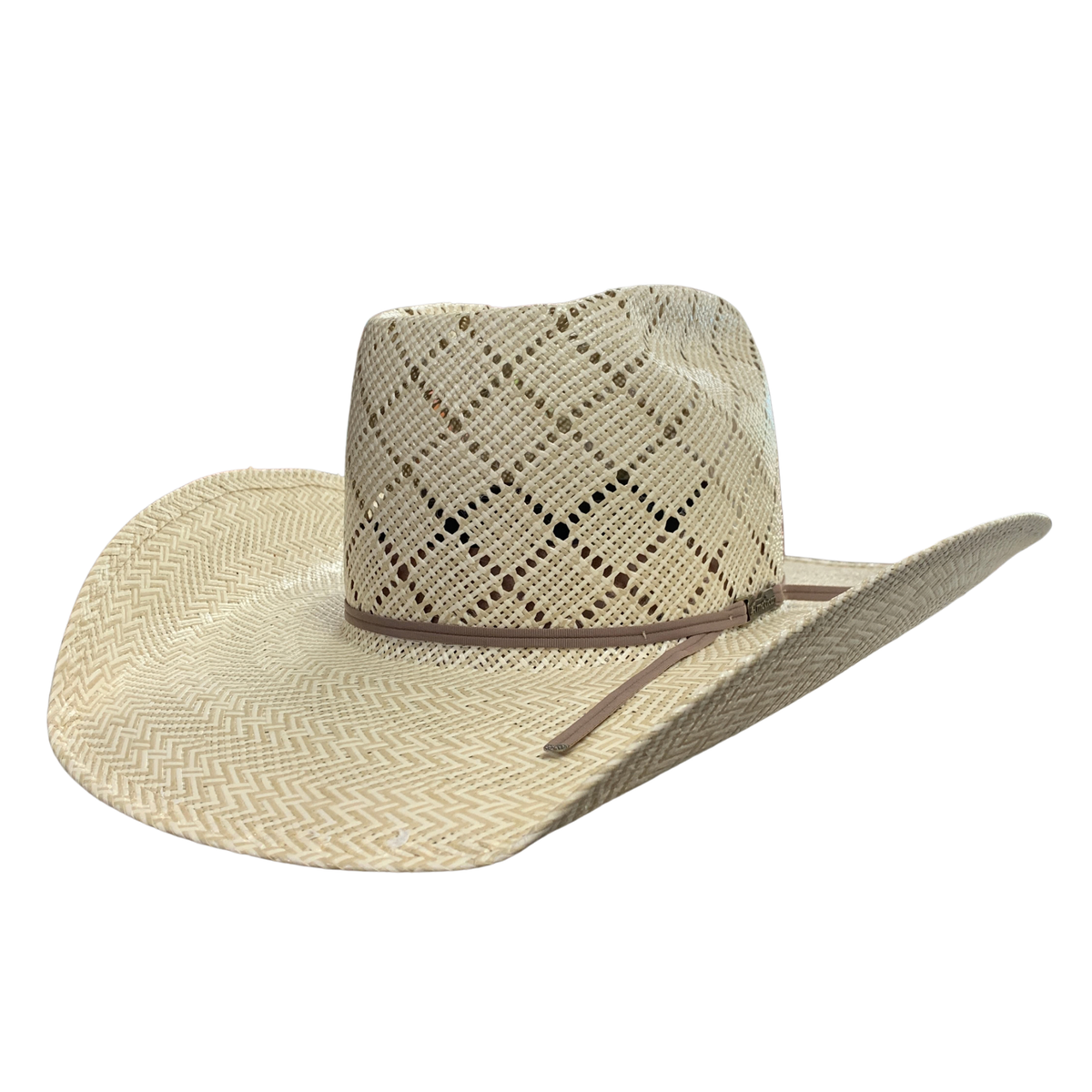 A light beige woven straw cowboy hat with a textured chevron pattern on the brim, an openwork lattice pattern on the crown, and a thin brown band with a matching ribbon tie, shown against a plain white background.