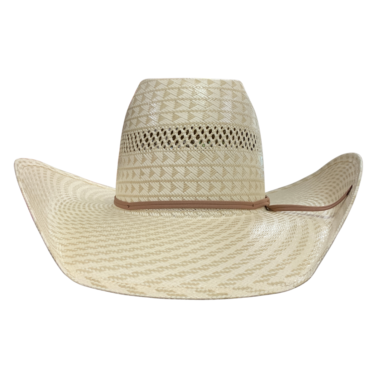 A woven straw cowboy hat with a textured geometric pattern, a brown leather band, and a curved brim, shown against a plain white background.