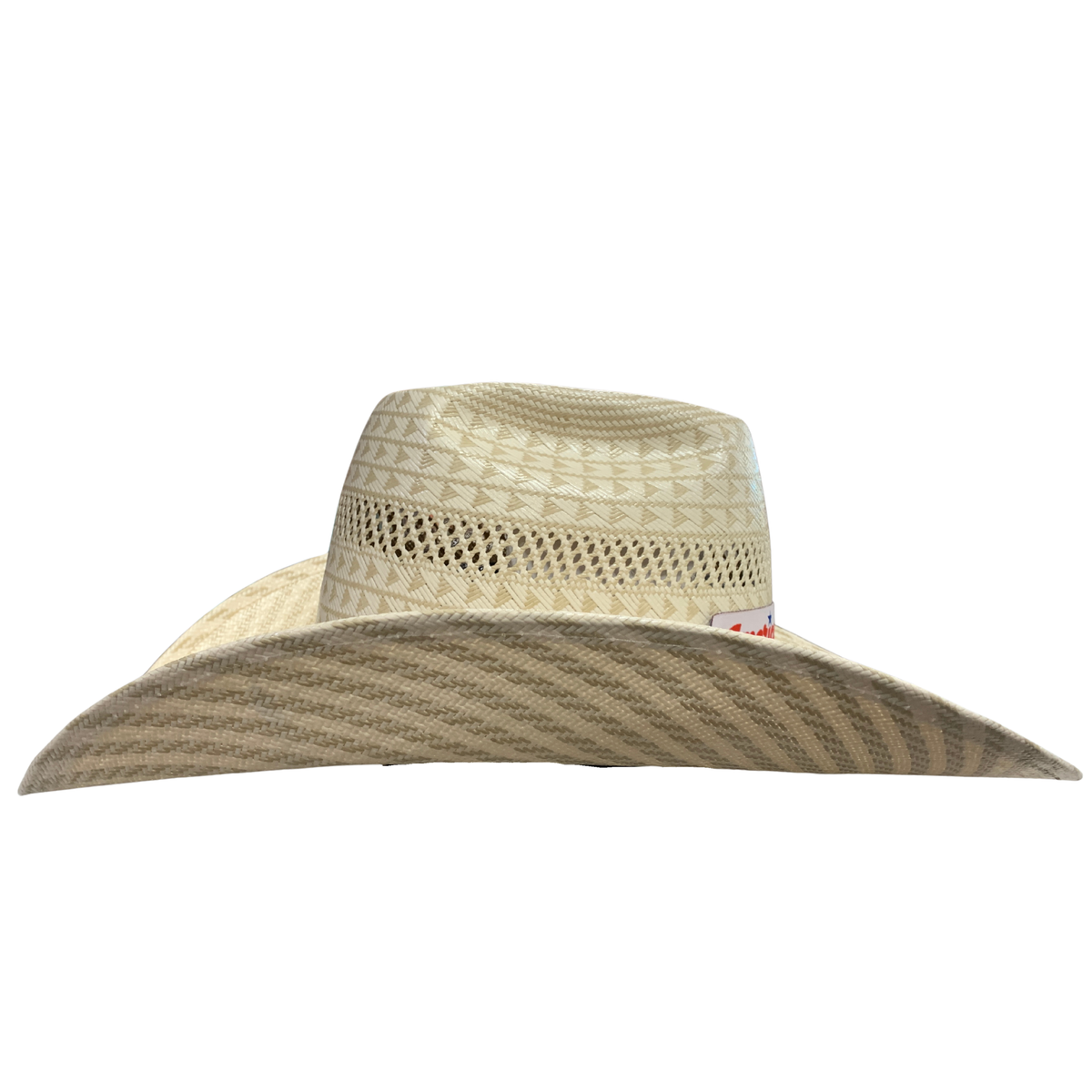 A light beige woven straw cowboy hat with a textured pattern on the crown and a wide brim, shown against a plain white background.