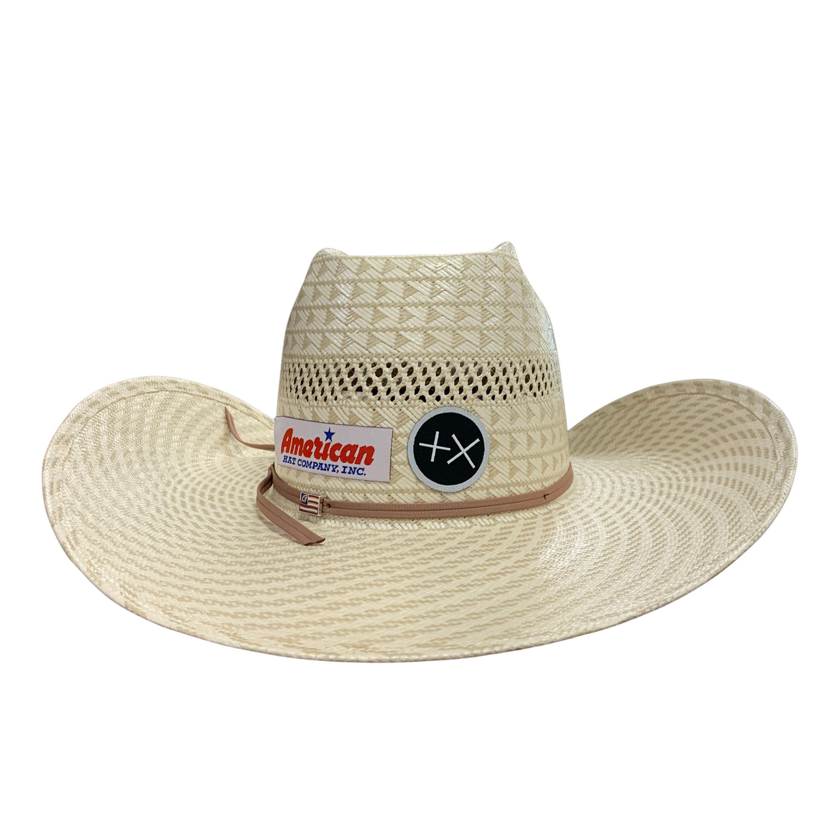 A light beige woven straw cowboy hat with a textured crown, a tan leather band, and a front patch that reads 'American Cowboy Hat' alongside a circular black and white logo, shown against a plain white background.