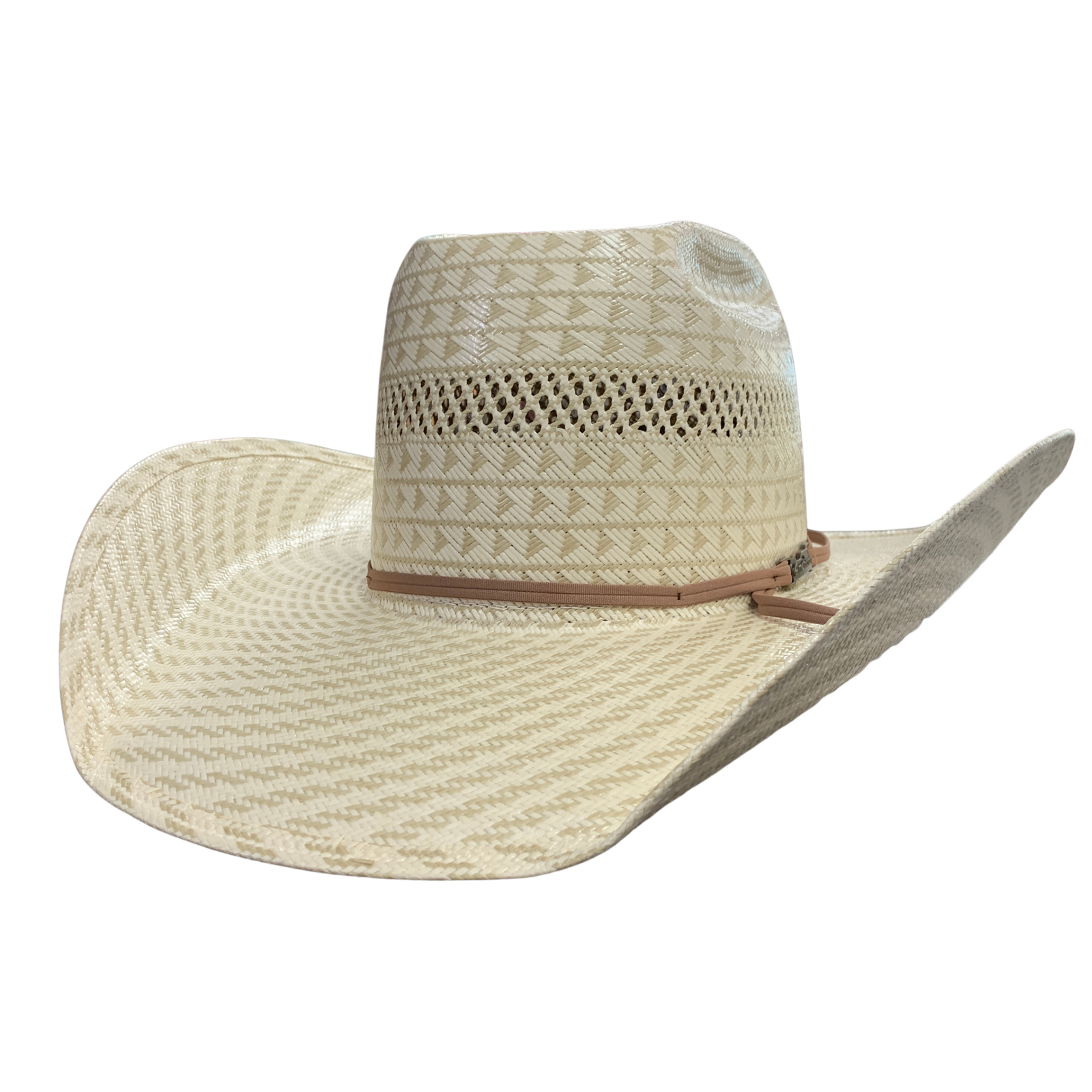 A woven straw cowboy hat in a light beige and cream color, featuring a textured pattern, a brown leather band, and a curved brim, shown against a plain white background.